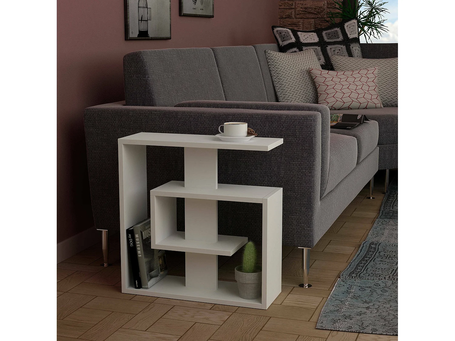 Table basse Dpivatell, Table basse, Porte-revues pour canapé, Etagère de salon, 55x20 h57 cm, Blanc