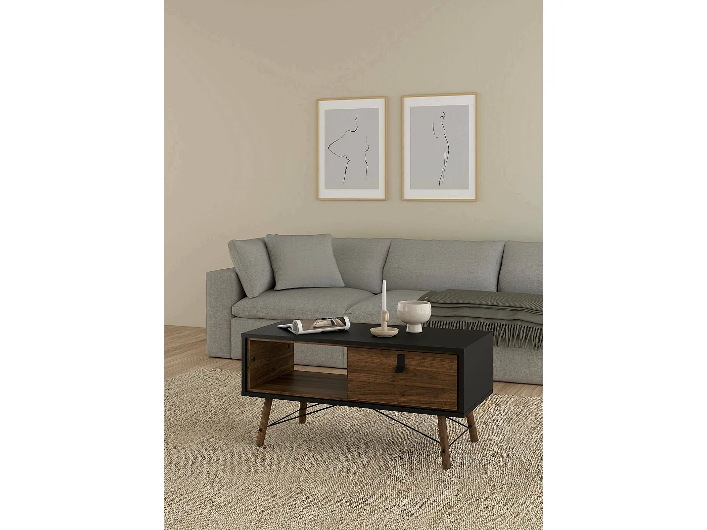 Table basse Dvalot, Table basse, Porte-revues pour canapé, Etagère de salon, 102x48 h50 cm, Noir et Noyer