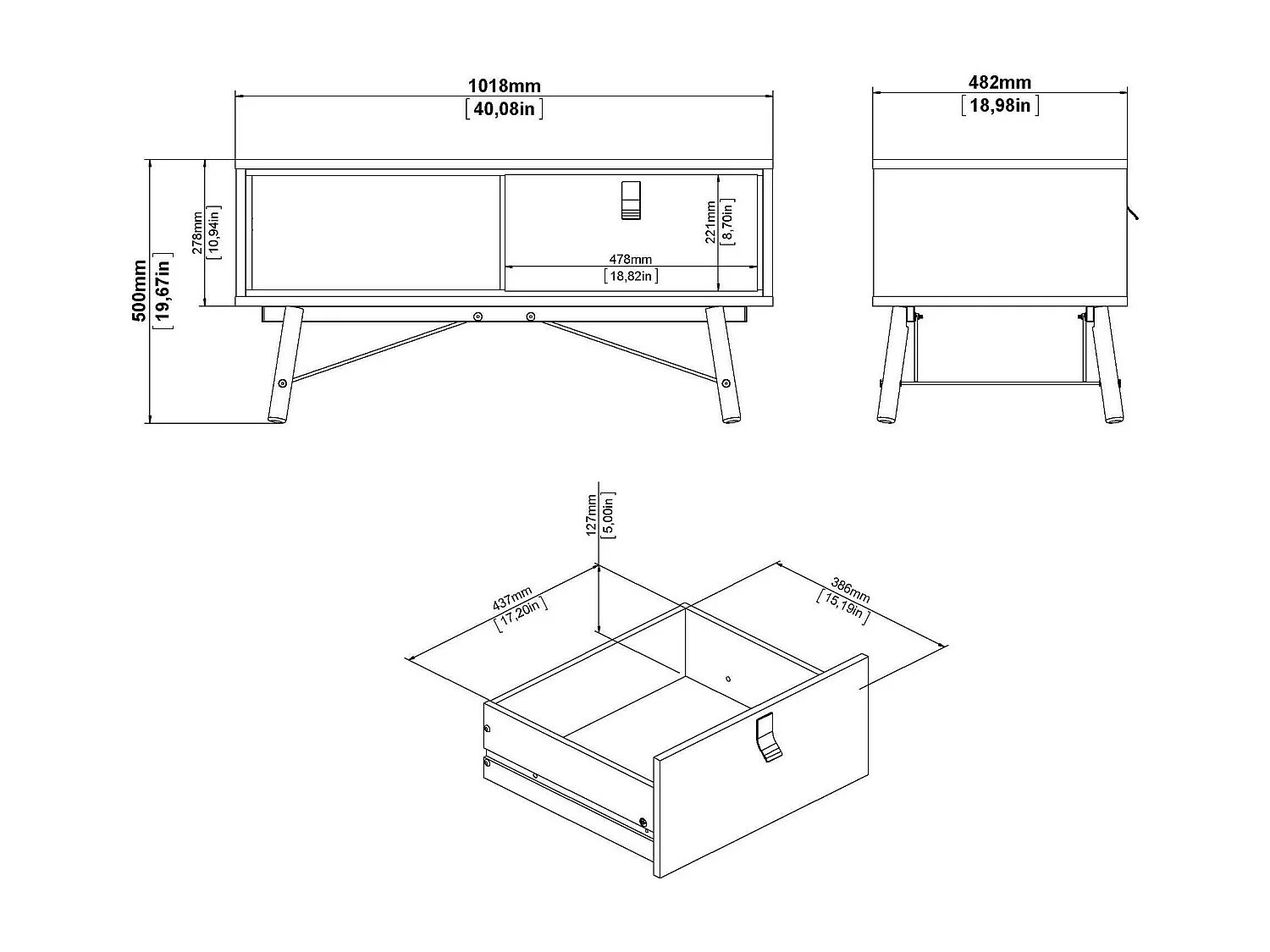 Mesa de café Dvalot, Mesa de centro baja, Revistero para sofá, Estante de la sala de estar, 102x48 h50 cm, Negro y Nogal