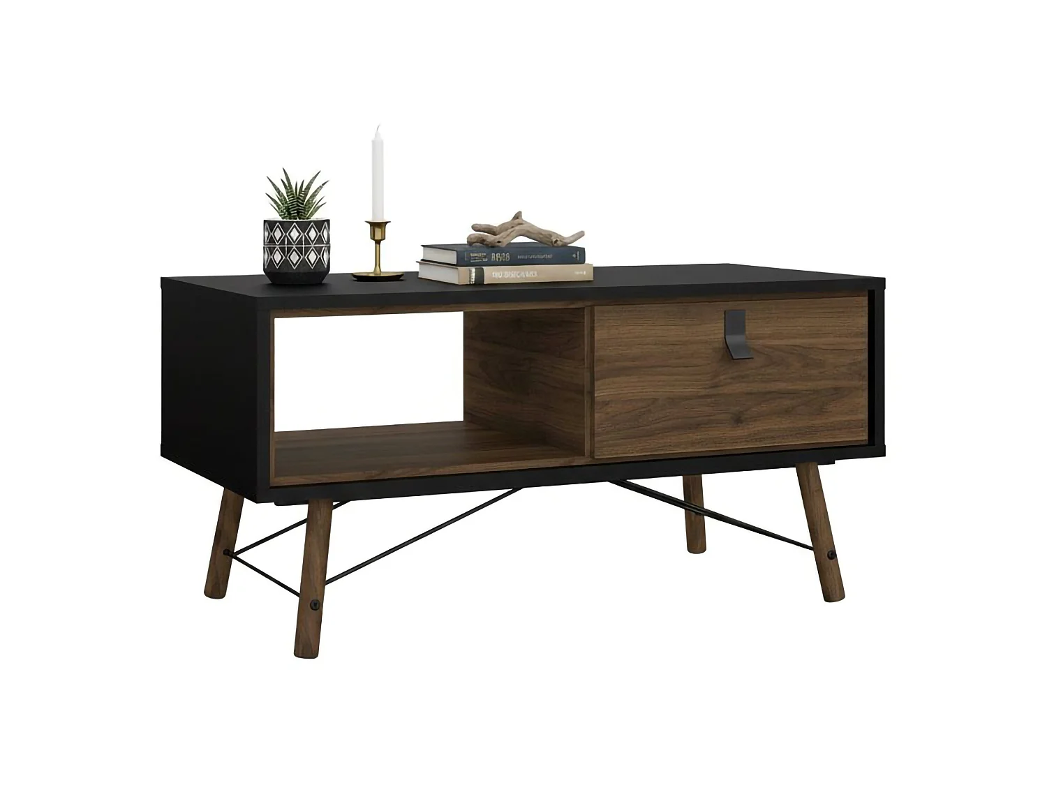 Mesa de centro Dvalot, Mesa de centro baixa, Porta-revistas para sofá, Estante de sala, 102x48 h50 cm, Preto e Nogueira