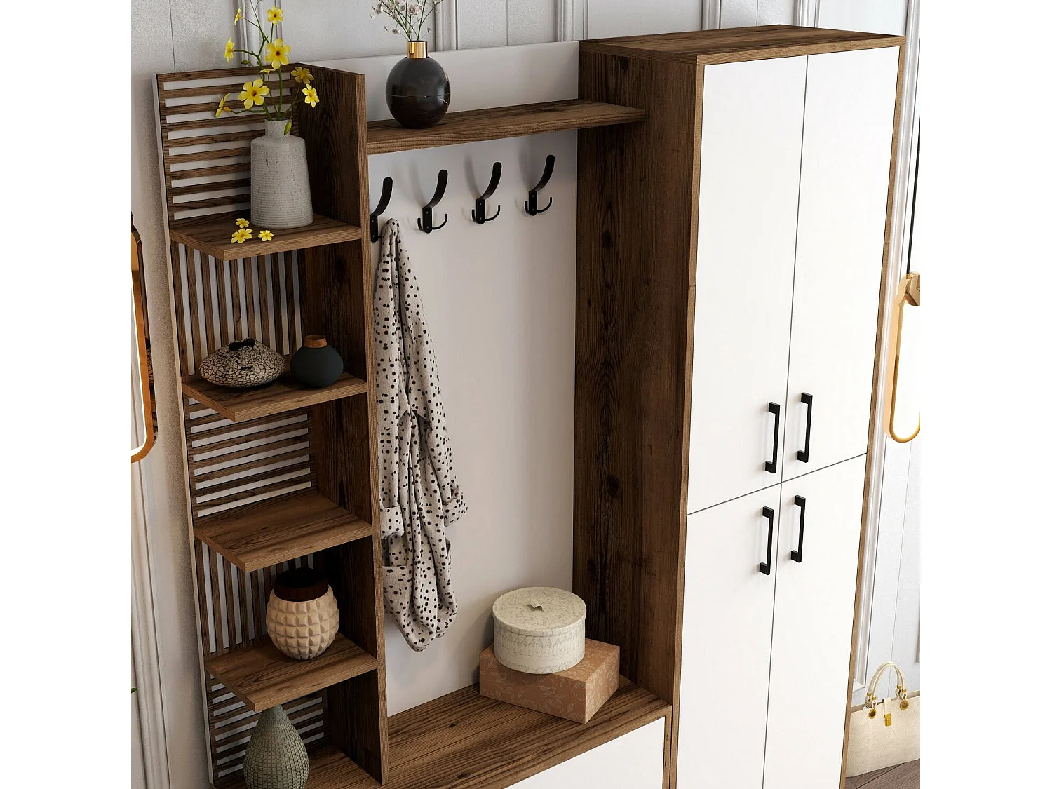 Meuble d'entrée Dradunovi, Crochet d'entrée, Composition pour l'atrium, Console de rangement multifonction, 150x200 h35 cm, Noyer et Blanc