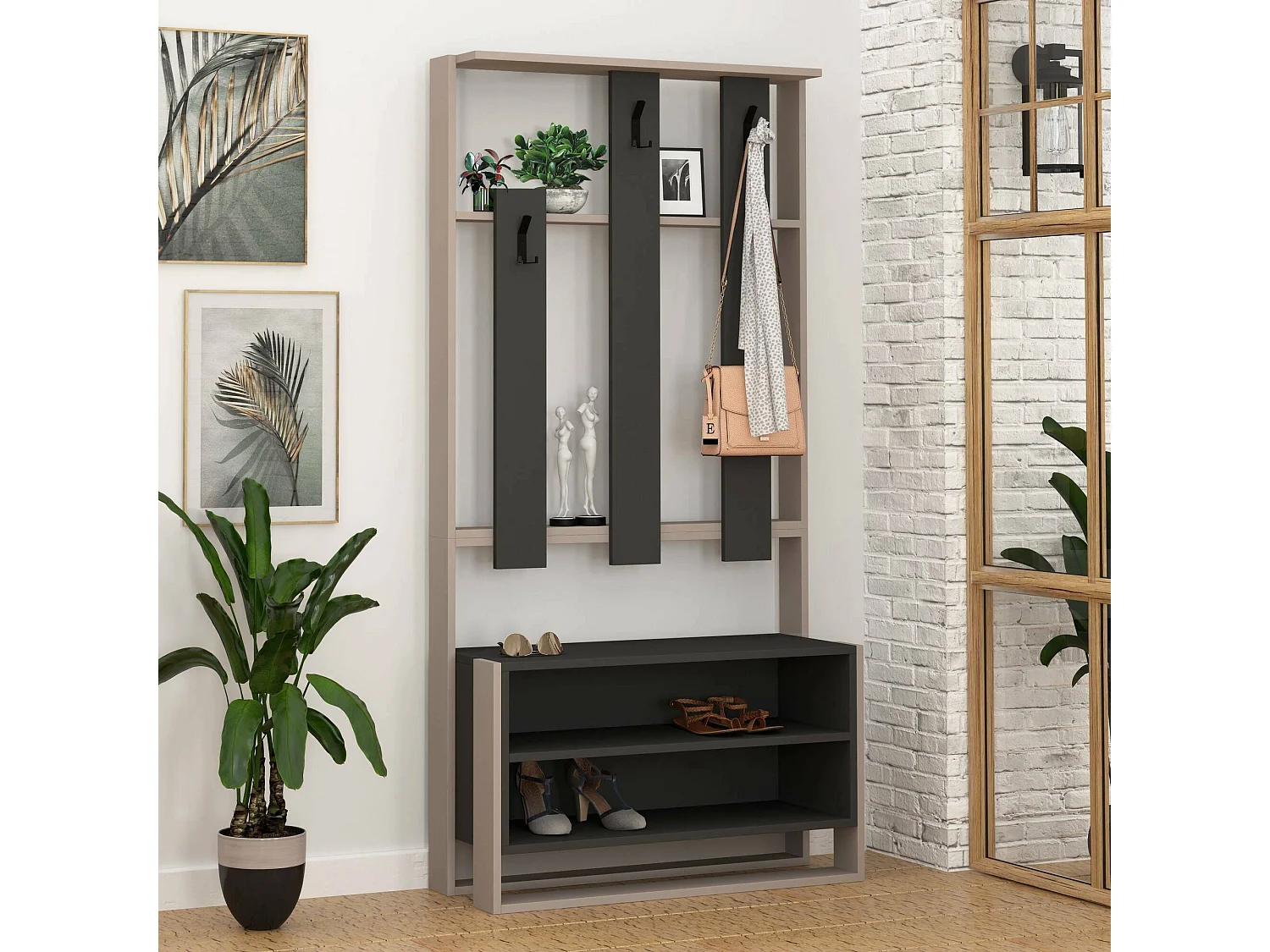 Dnovakovi entreemeubilair, Kleerhangeringang, Atrium-samenstelling, Multifunctionele opbergconsole, 90x36 h180 cm, Beige en Antraciet