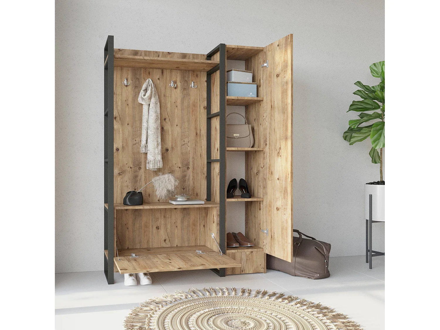 Meuble d'entrée Dmarocchin, Crochet d'entrée, Composition pour l'atrium, Console de rangement multifonction, 126x34 h180 cm, Chêne