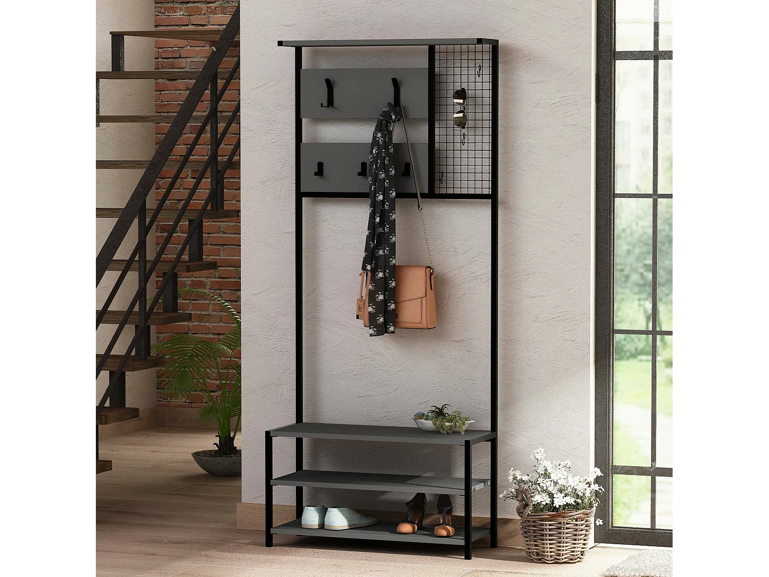 Meuble d'entrée Dmastropasqu, Crochet d'entrée, Composition pour l'atrium, Console de rangement multifonction, 78x30 h182 cm, Anthracite et Noir
