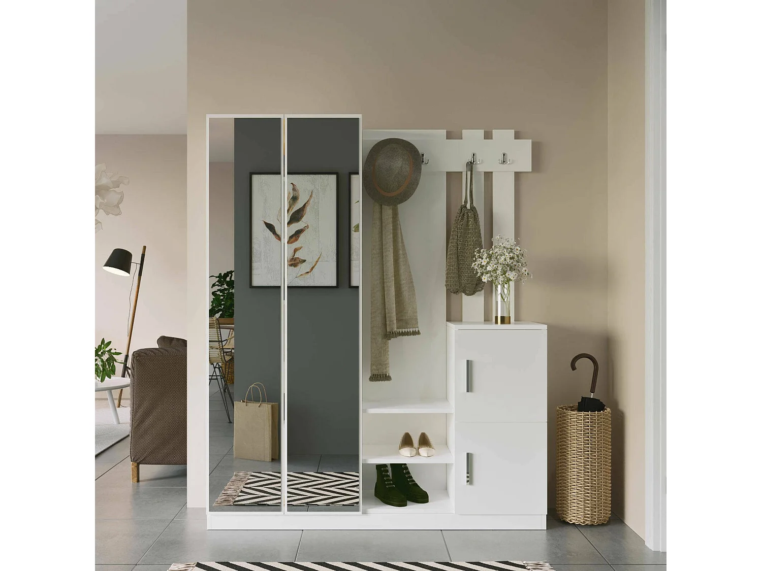 Meuble d'entrée Dgoldanig, Crochet d'entrée, Composition pour l'atrium, Console de rangement multifonction, 147x38 h180 cm, Blanc