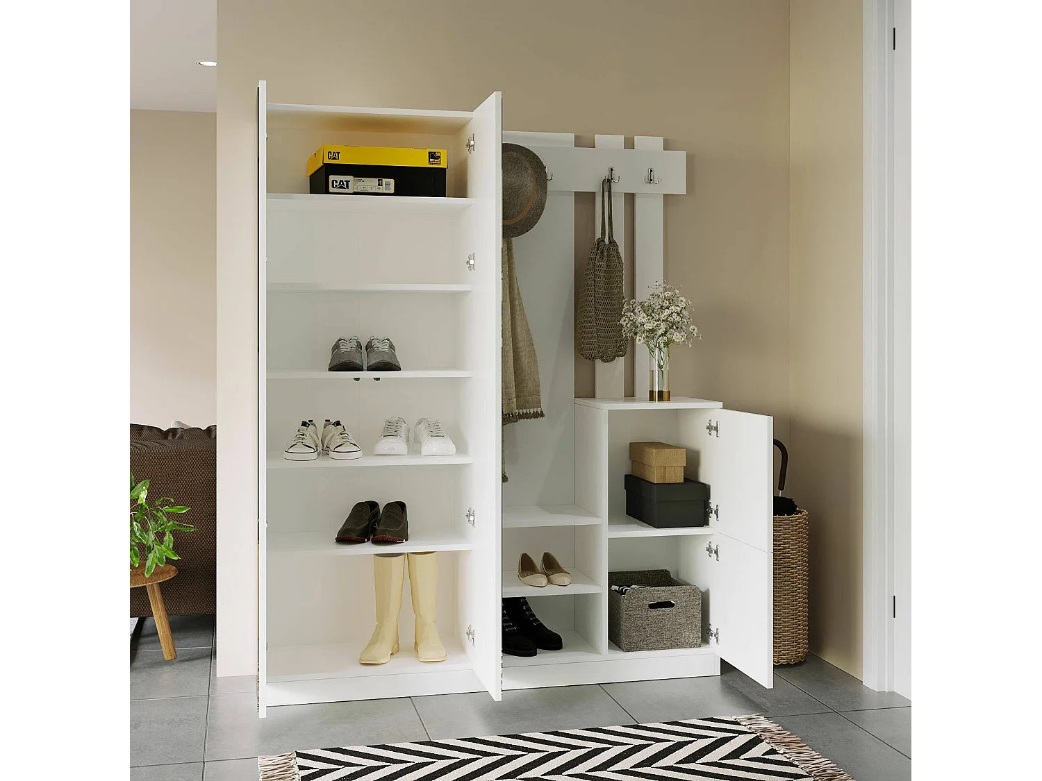 Meuble d'entrée Dgoldanig, Crochet d'entrée, Composition pour l'atrium, Console de rangement multifonction, 147x38 h180 cm, Blanc