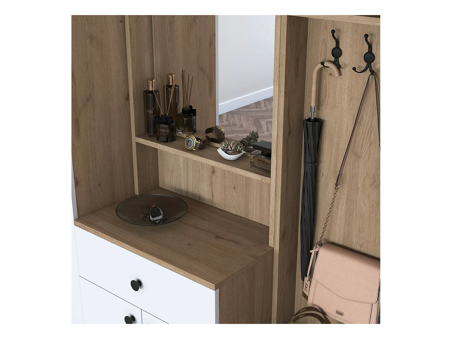 Meuble d'entrée Dhermannsso, Crochet d'entrée, Composition pour l'atrium, Console de rangement multifonction, 180x38 h226 cm, Noyer et Blanc