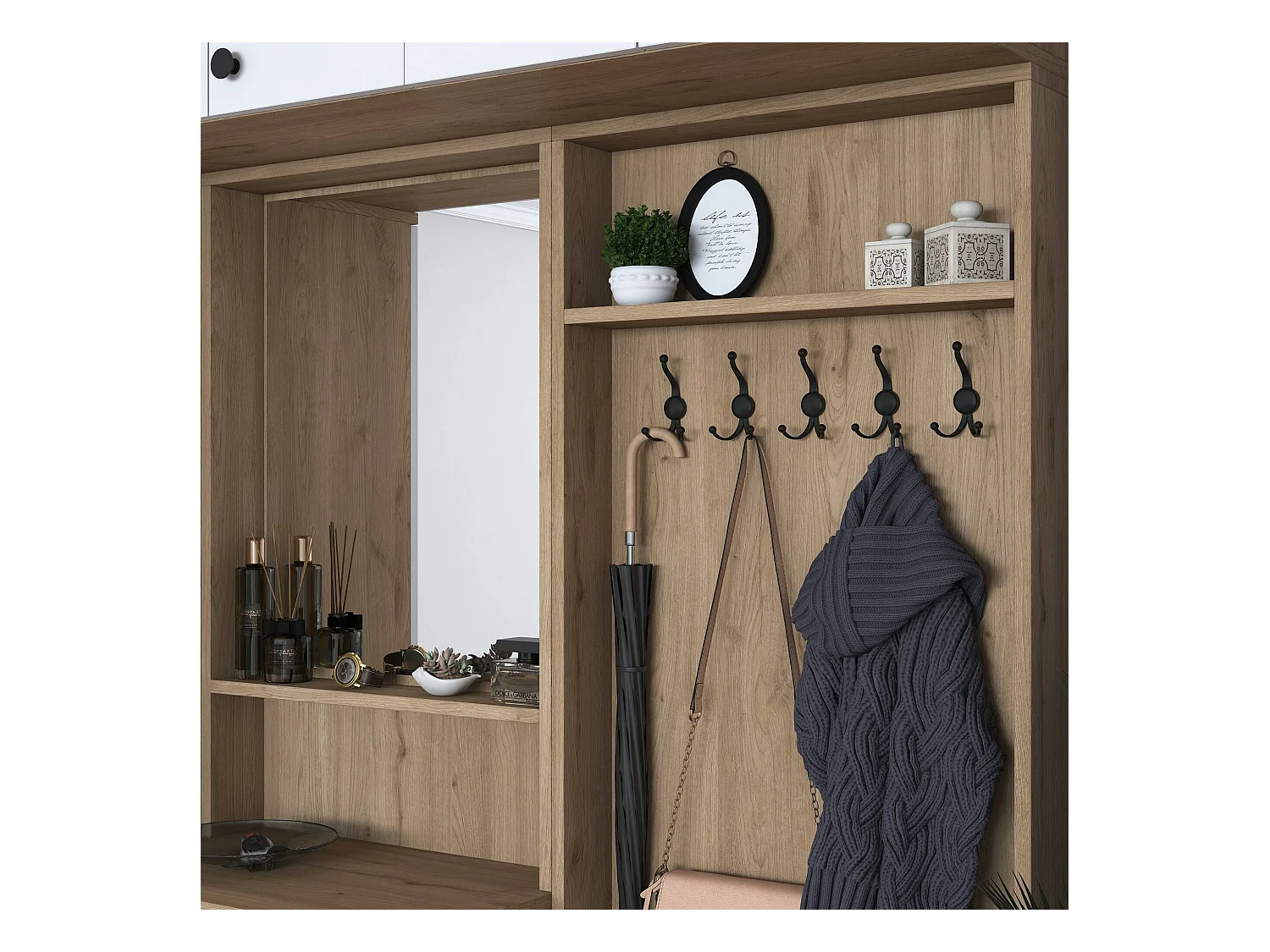 Meuble d'entrée Dhermannsso, Crochet d'entrée, Composition pour l'atrium, Console de rangement multifonction, 180x38 h226 cm, Noyer et Blanc