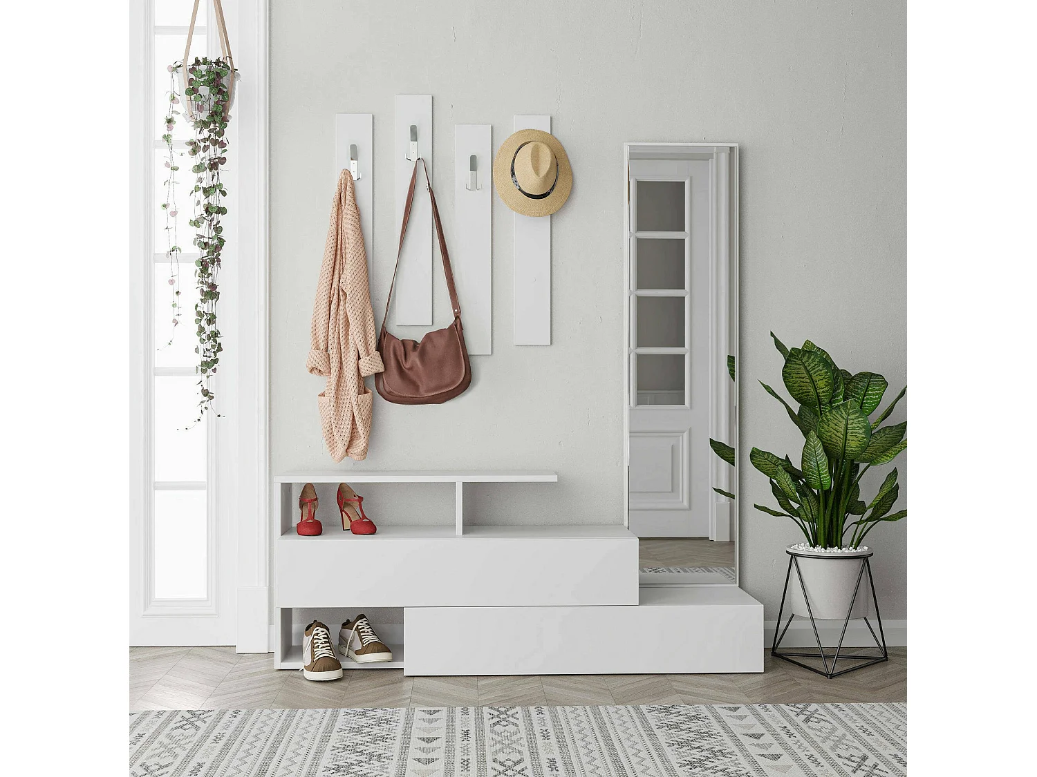 Meuble d'entrée Dfulignat, Crochet d'entrée, Composition pour l'atrium, Console de rangement multifonction, 137x35 h55 cm, Blanc