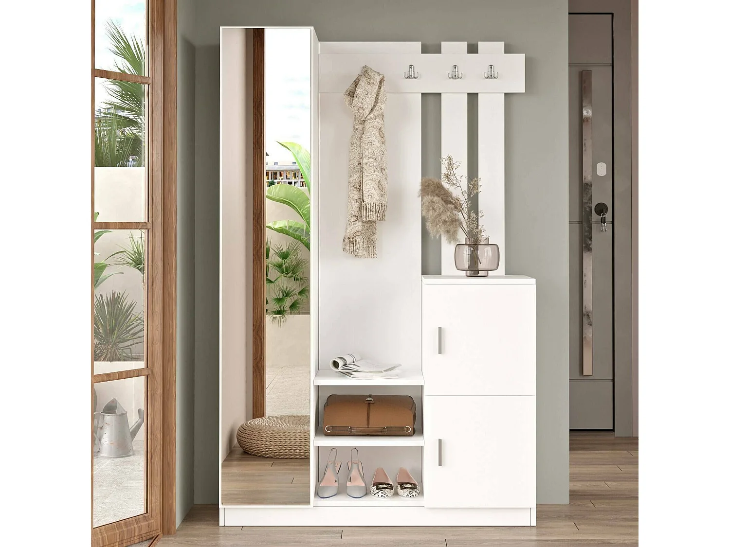 Meuble d'entrée Dgiuglian, Crochet d'entrée, Composition pour l'atrium, Console de rangement multifonction, 114x35 h180 cm, Blanc