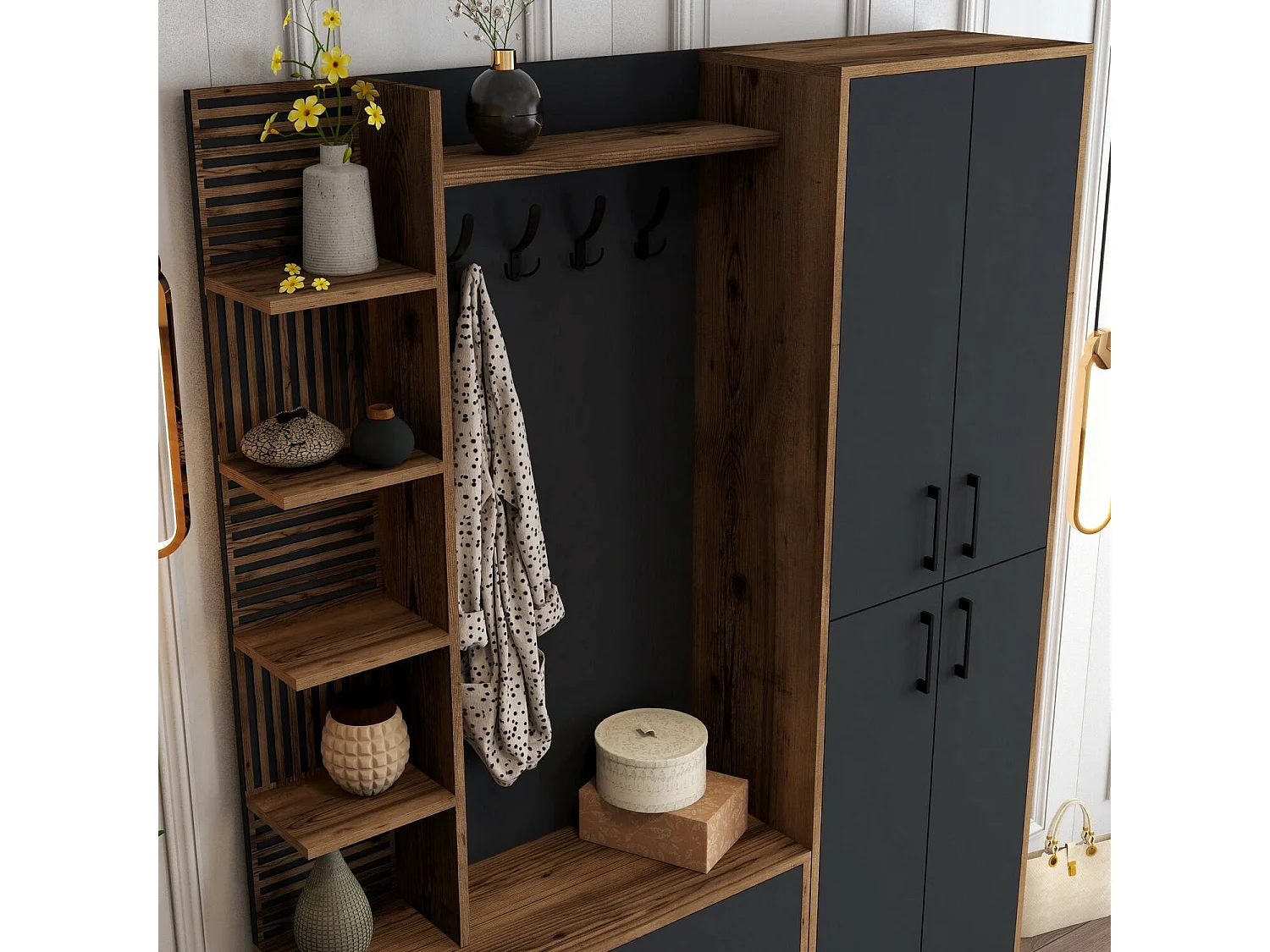 Meuble d'entrée Dradunovi, Crochet d'entrée, Composition pour l'atrium, Console de rangement multifonction, 150x35 h200 cm, Noyer et Anthracite