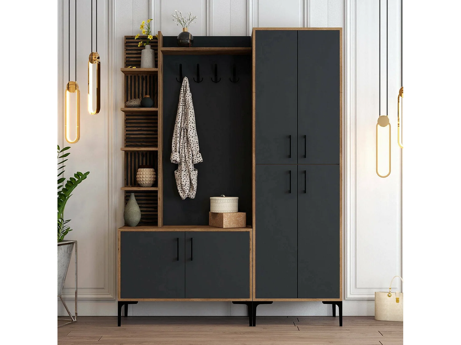Meuble d'entrée Dradunovi, Crochet d'entrée, Composition pour l'atrium, Console de rangement multifonction, 150x35 h200 cm, Noyer et Anthracite