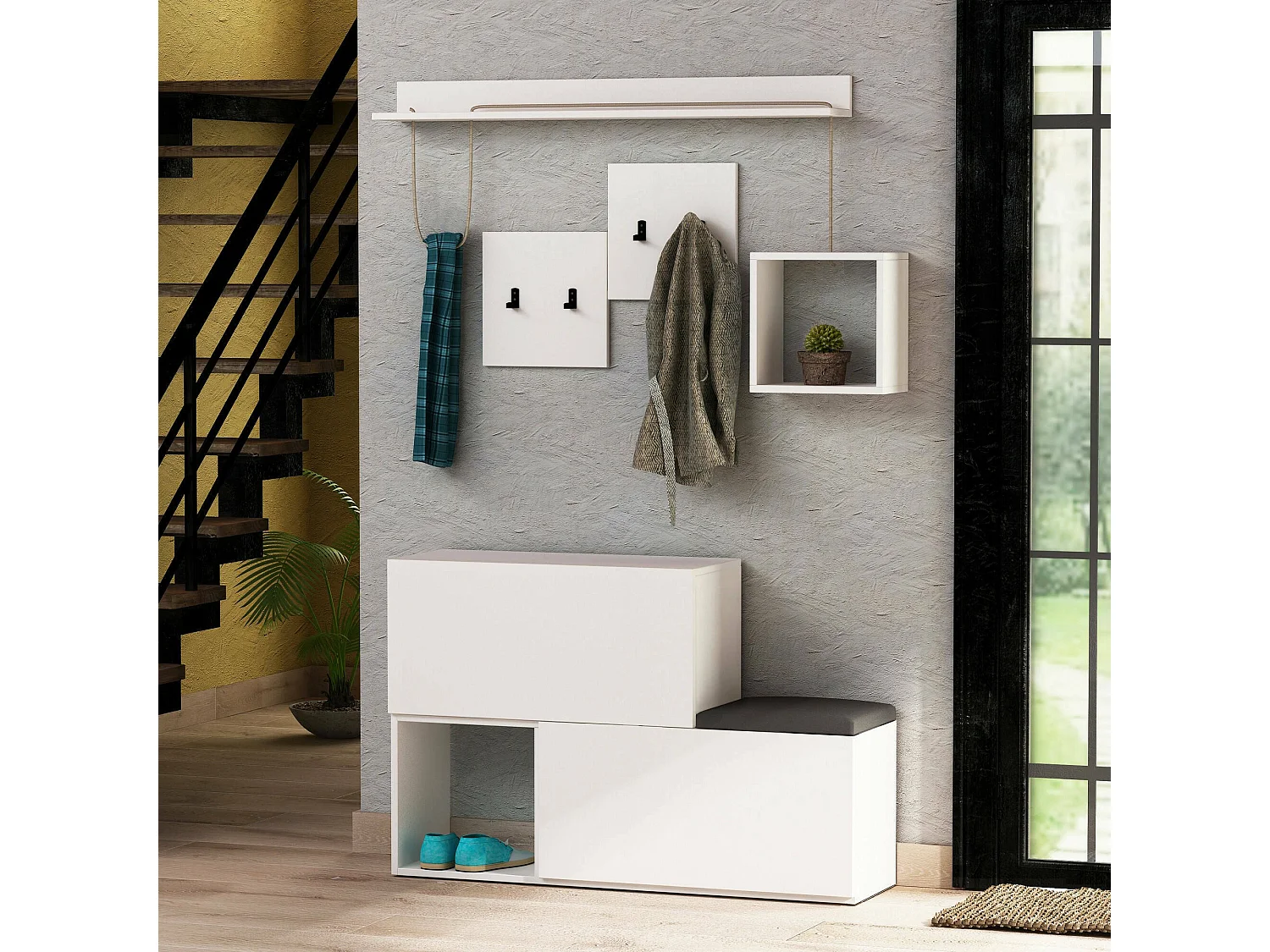 Dlucarell entreemeubel, Kleerhanger entree, Foyer samenstelling, Multifunctionele opbergconsole, 120x17 h76 cm, Wit