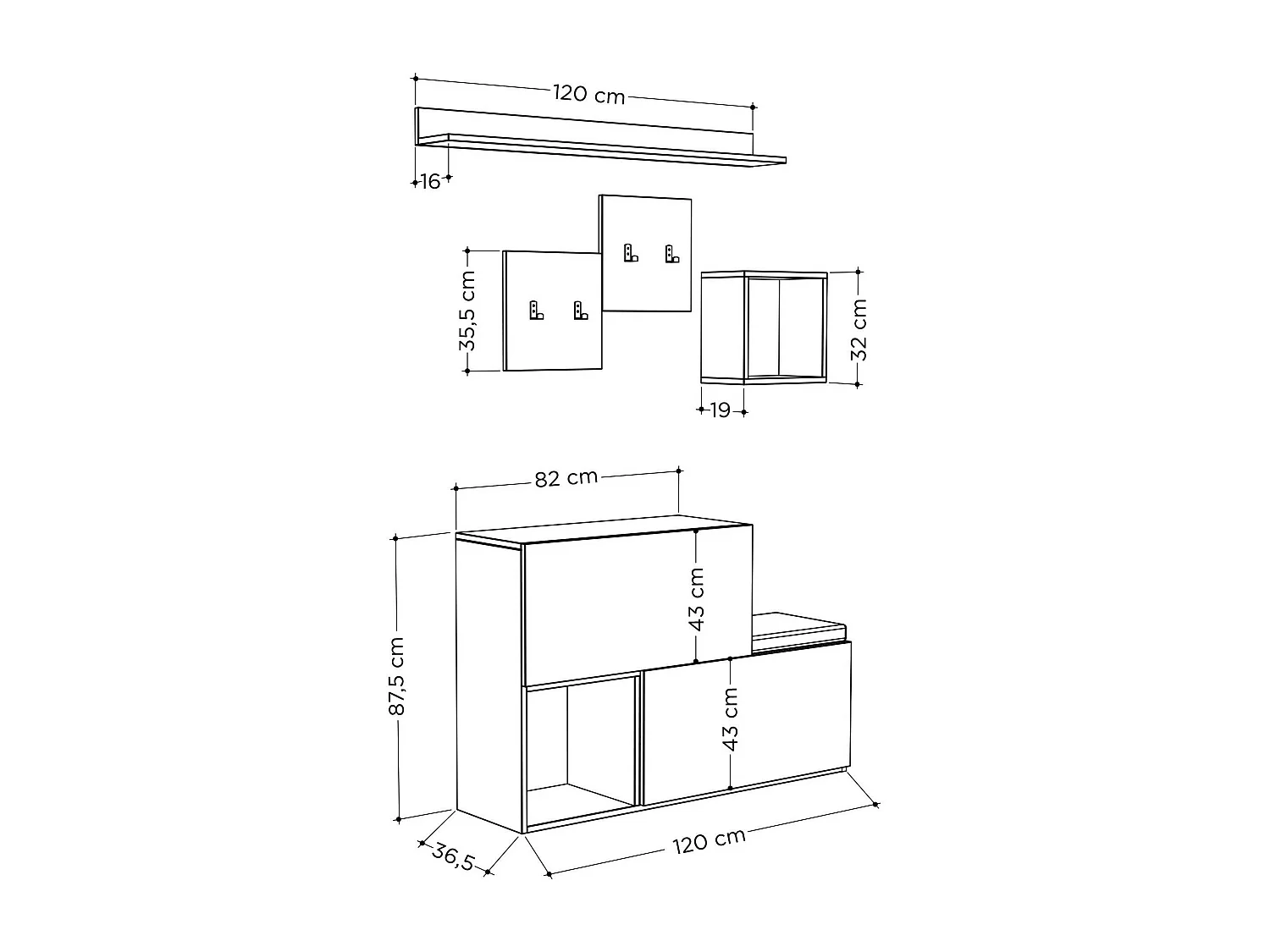 Dlucarell entreemeubel, Kleerhanger entree, Foyer samenstelling, Multifunctionele opbergconsole, 120x17 h76 cm, Wit