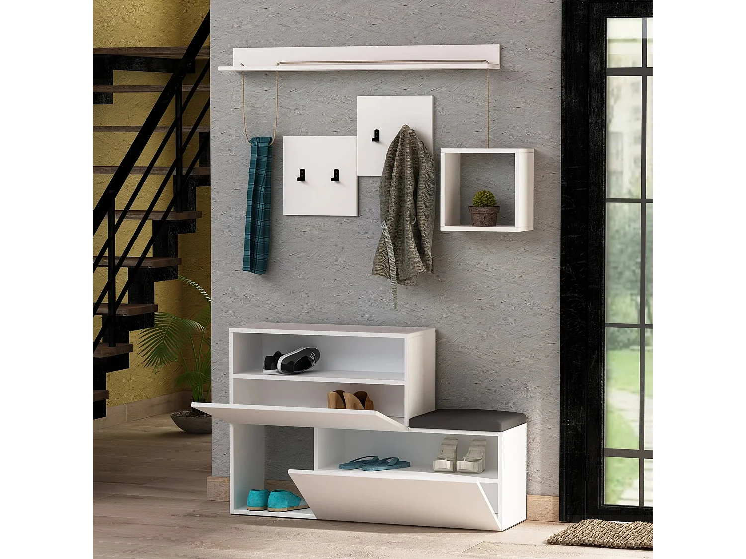 Dlucarell entreemeubel, Kleerhanger entree, Foyer samenstelling, Multifunctionele opbergconsole, 120x17 h76 cm, Wit