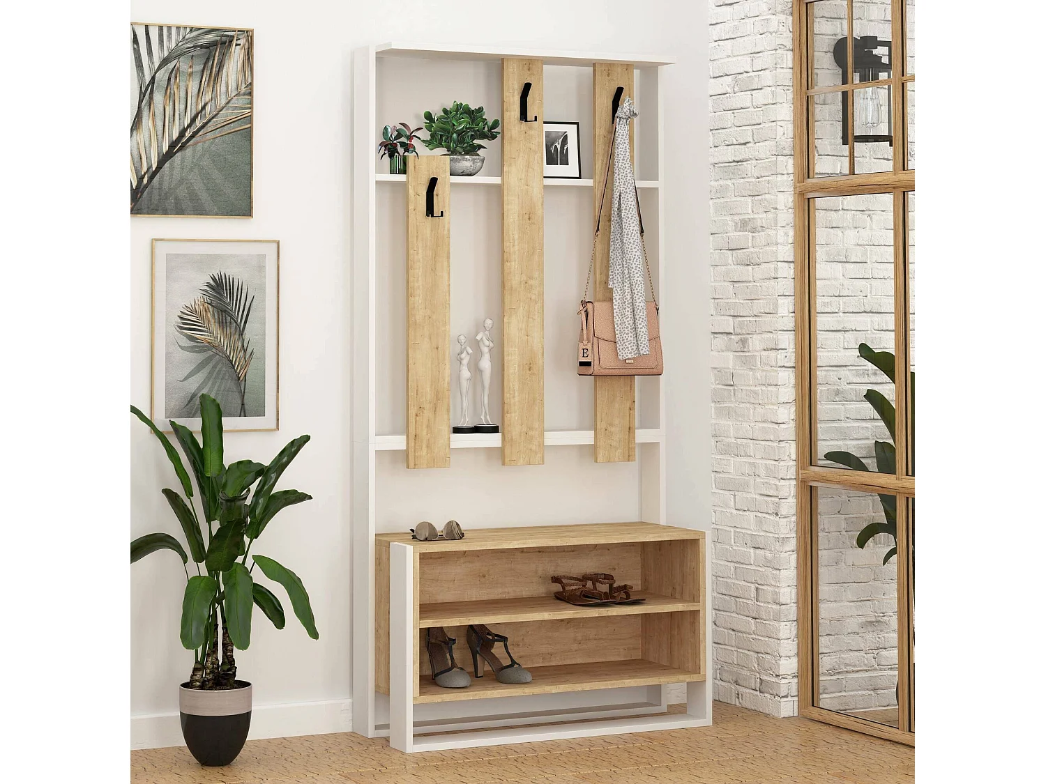 Meuble d'entrée Dnovakovi, Crochet d'entrée, Composition pour l'atrium, Console de rangement multifonction, 90x36 h180 cm, Blanc et chêne