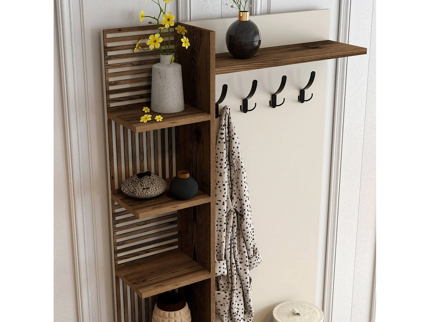 Meuble d'entrée Dfilipporeal, Crochet d'entrée, Composition pour l'atrium, Console de rangement multifonction, 90x35 h200 cm, Noyer et Crème