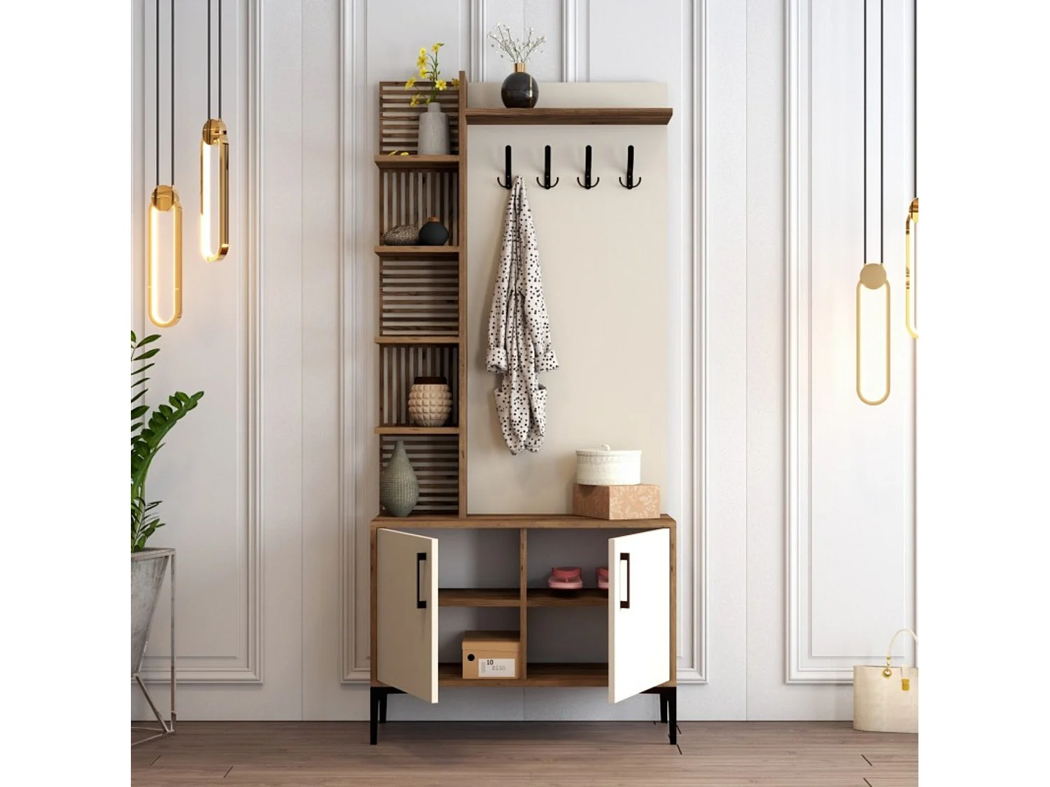 Dfilipporeal entreemeubilair, Kleerhanger entree, Entree compositie, Multifunctionele opbergconsole, 90x35 h200 cm, Walnoot en Crème