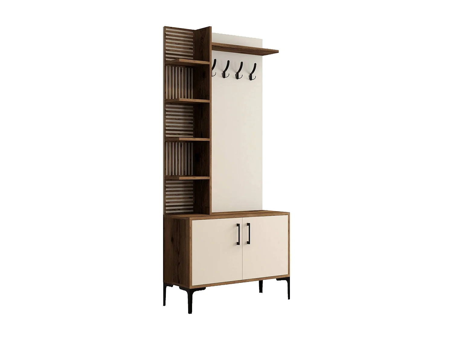 Dfilipporeal entreemeubilair, Kleerhanger entree, Entree compositie, Multifunctionele opbergconsole, 90x35 h200 cm, Walnoot en Crème