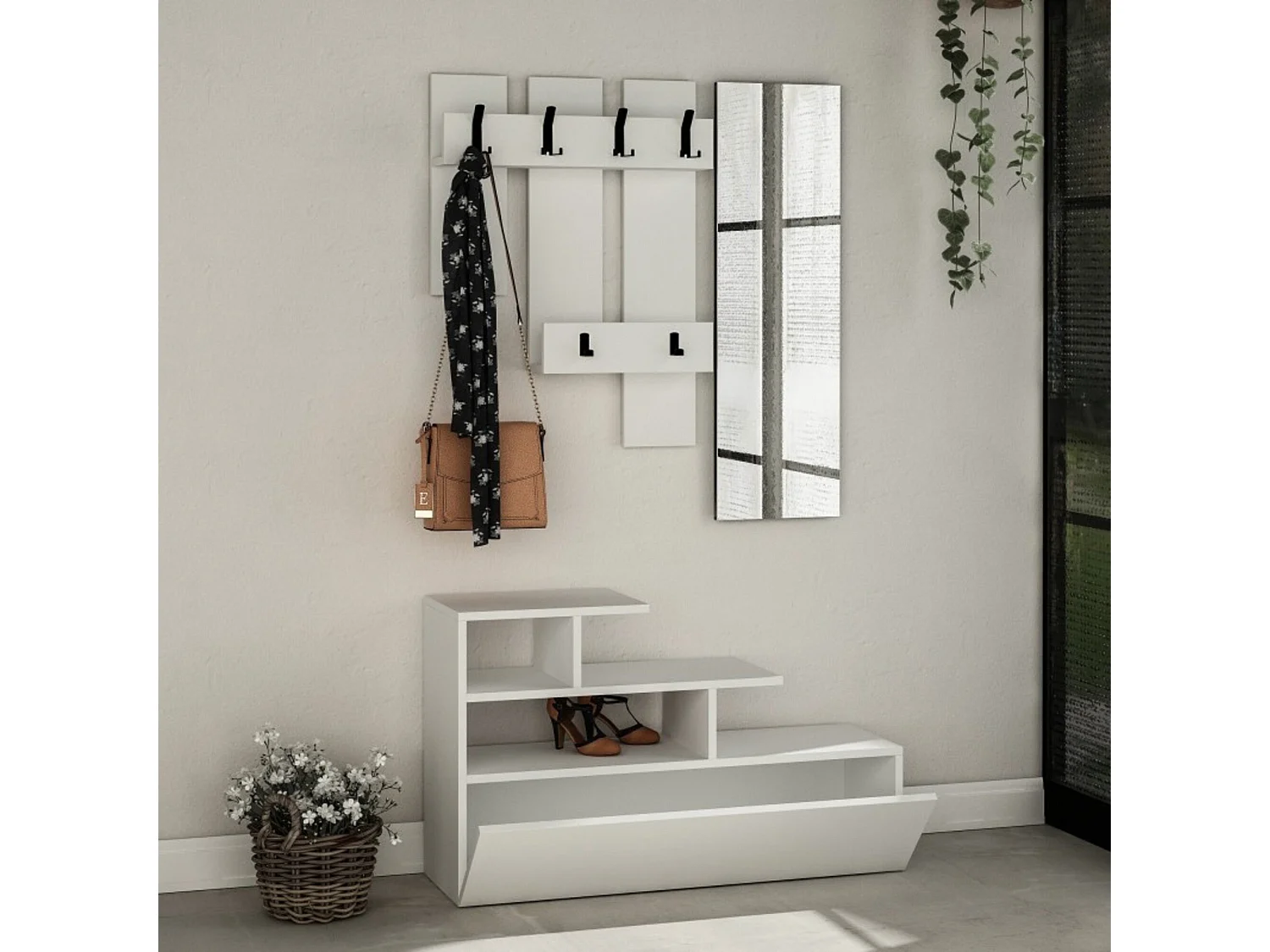 Móveis de entrada Dpregnolat, Cabide de entrada, Composição do átrio, Consola de arrumação multifuncional, 30x5 h99 cm, Branco