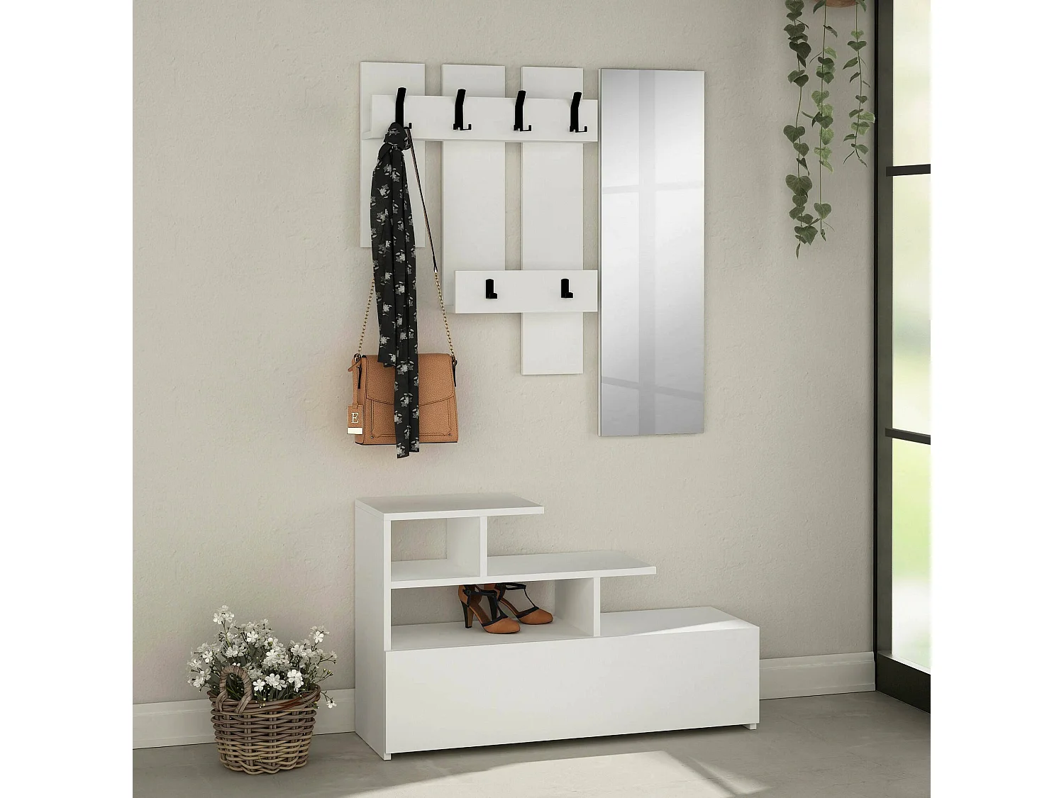 Móveis de entrada Dpregnolat, Cabide de entrada, Composição do átrio, Consola de arrumação multifuncional, 30x5 h99 cm, Branco