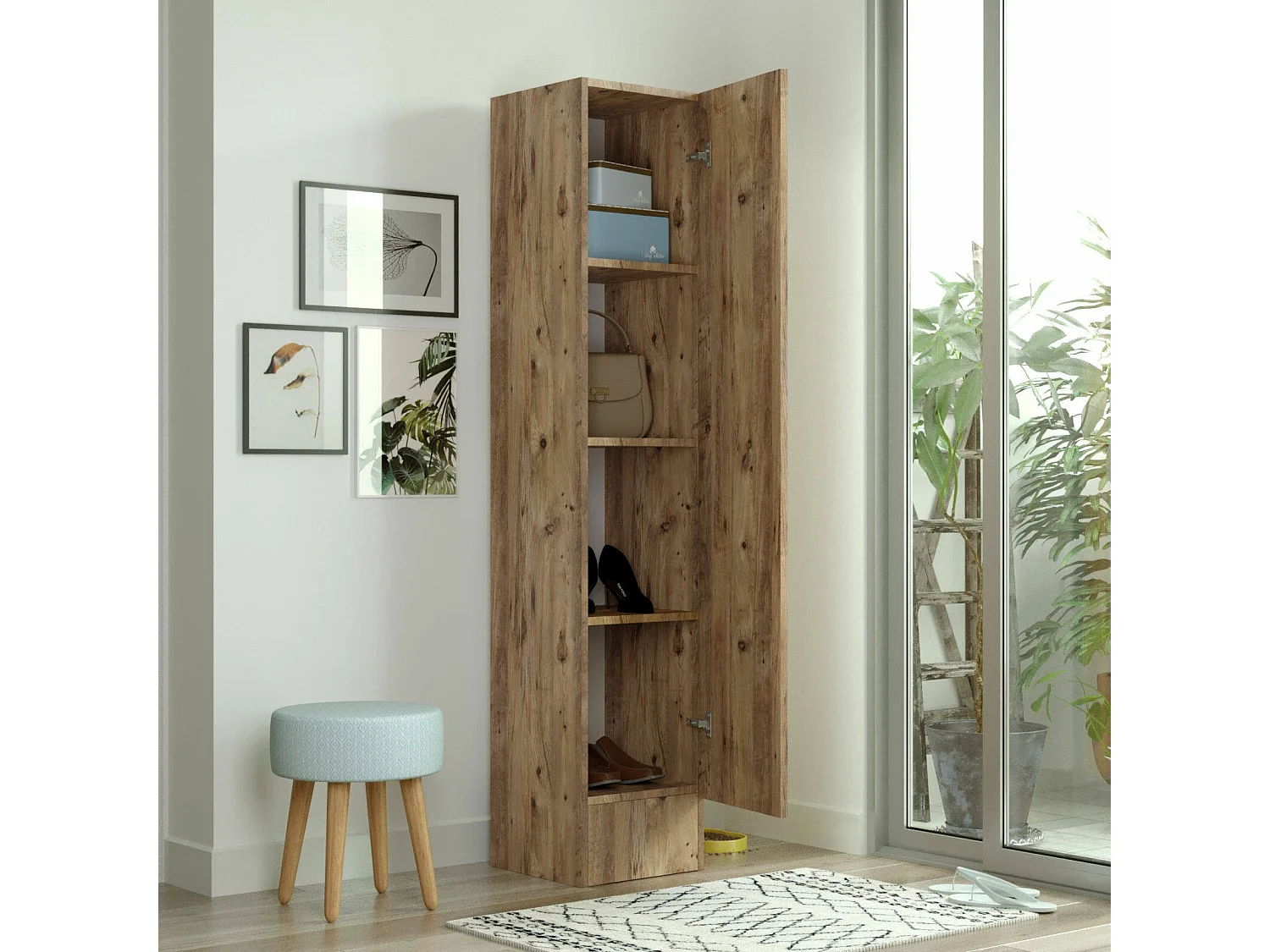 Meuble d'entrée Dmarinell, Crochet d'entrée, Composition pour l'atrium, Console de rangement multifonction, 36x36 h180 cm, Chêne