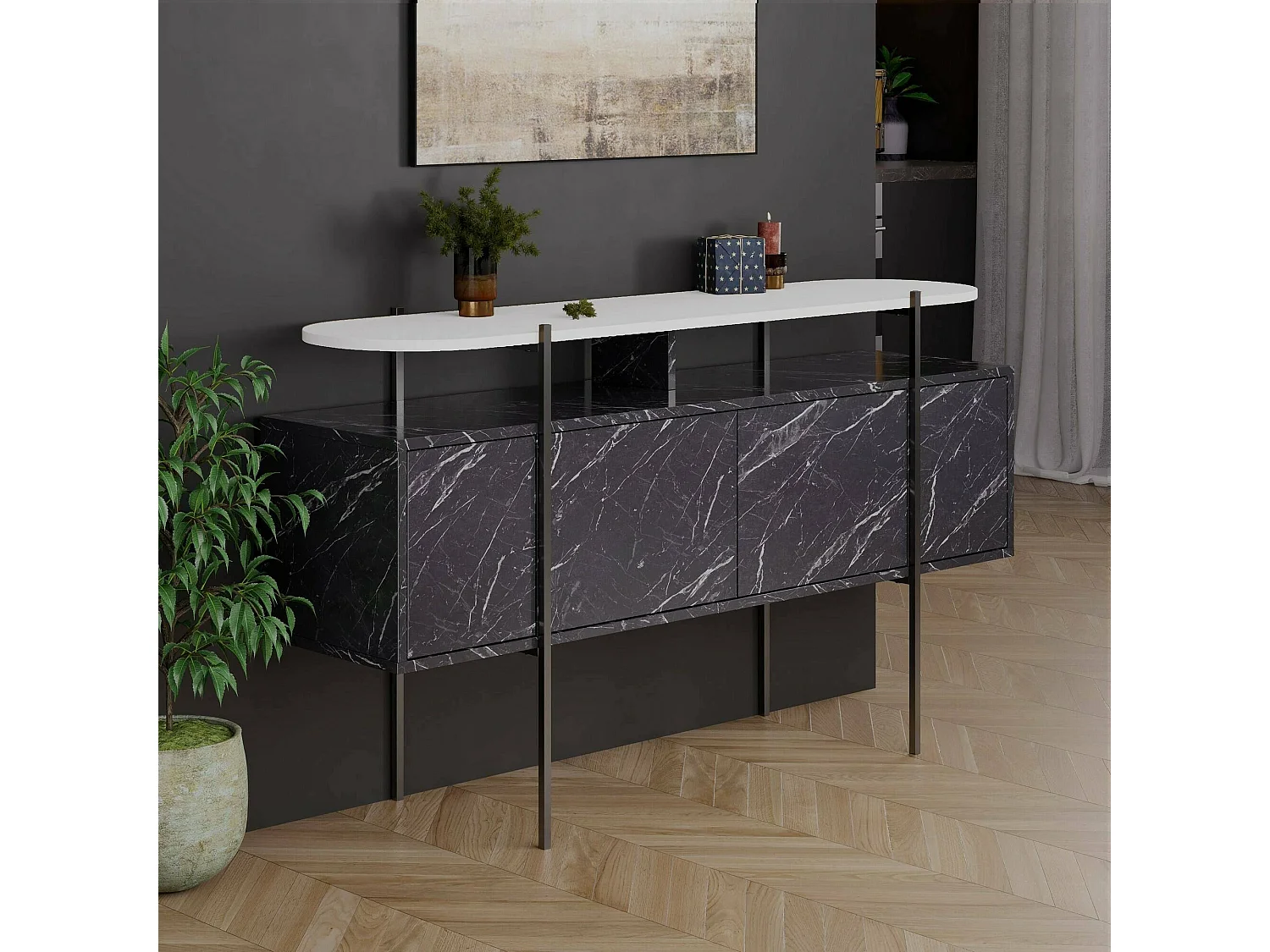 Konsolentisch Dlochoshvil, Tisch, Eingangskonsole, Regal, 150x38 h86 cm, WeiÃŸ und Grau