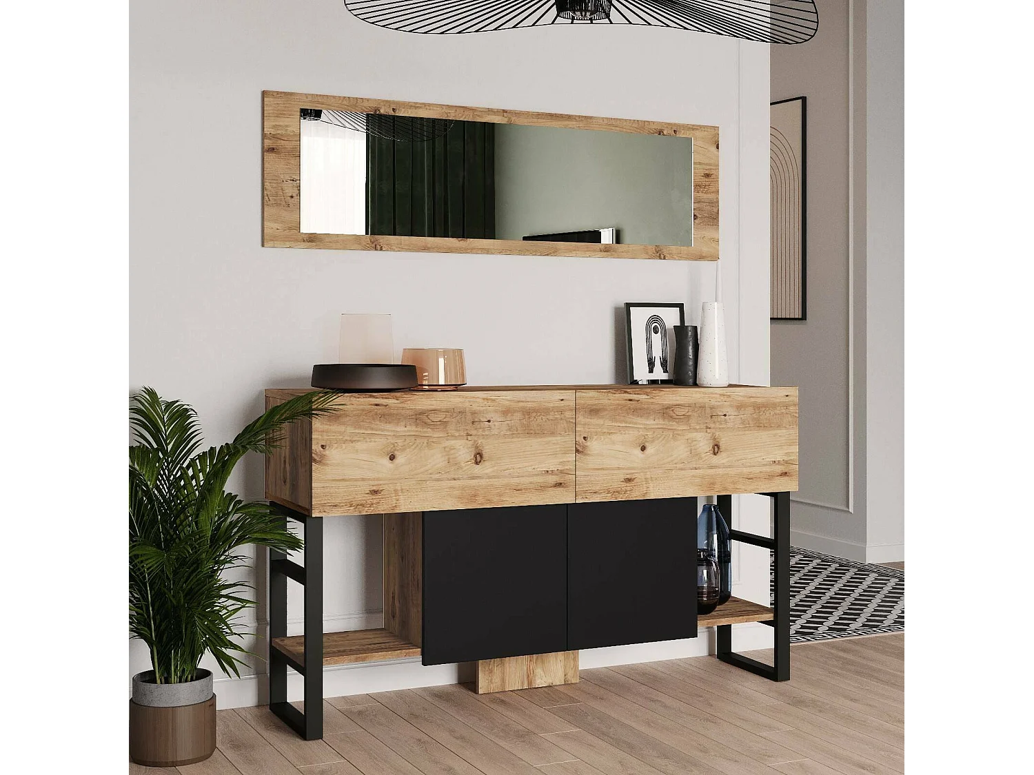 Console Dabadiotaki, Table polyvalente, Armoire de rangement, Bureau du couloir, 139x43 h84 cm, Chêne