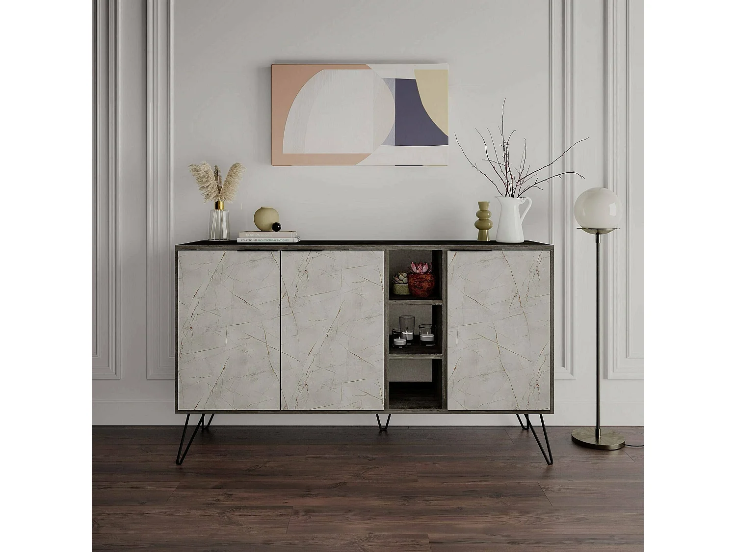 Kommode Dmontesan, Wohnzimmerbuffet, Wohnzimmer-Sideboard, Moderne Küchen-Speisekammer, 142x36 h83 cm, Braun und Hellblau