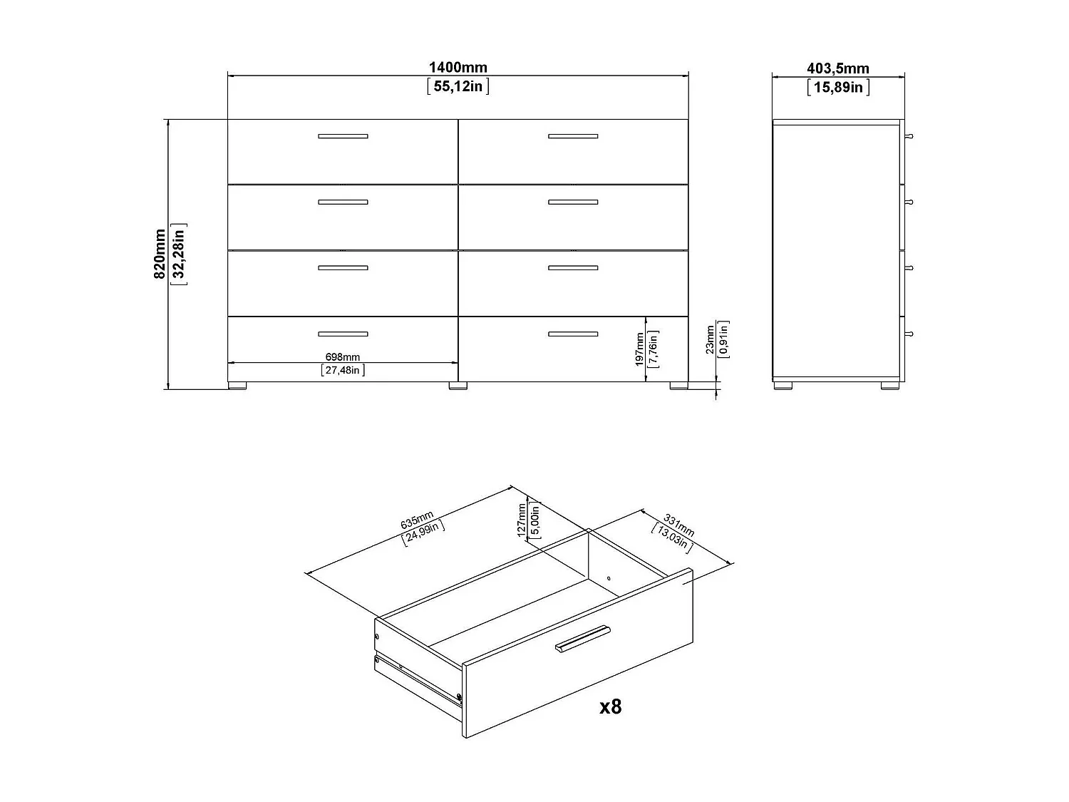 Dsanabri dressoir, Woonkamerbuffet, Woonkamerdressoir, Keukenkast, 140x40 h83 cm, Eiken en Wit