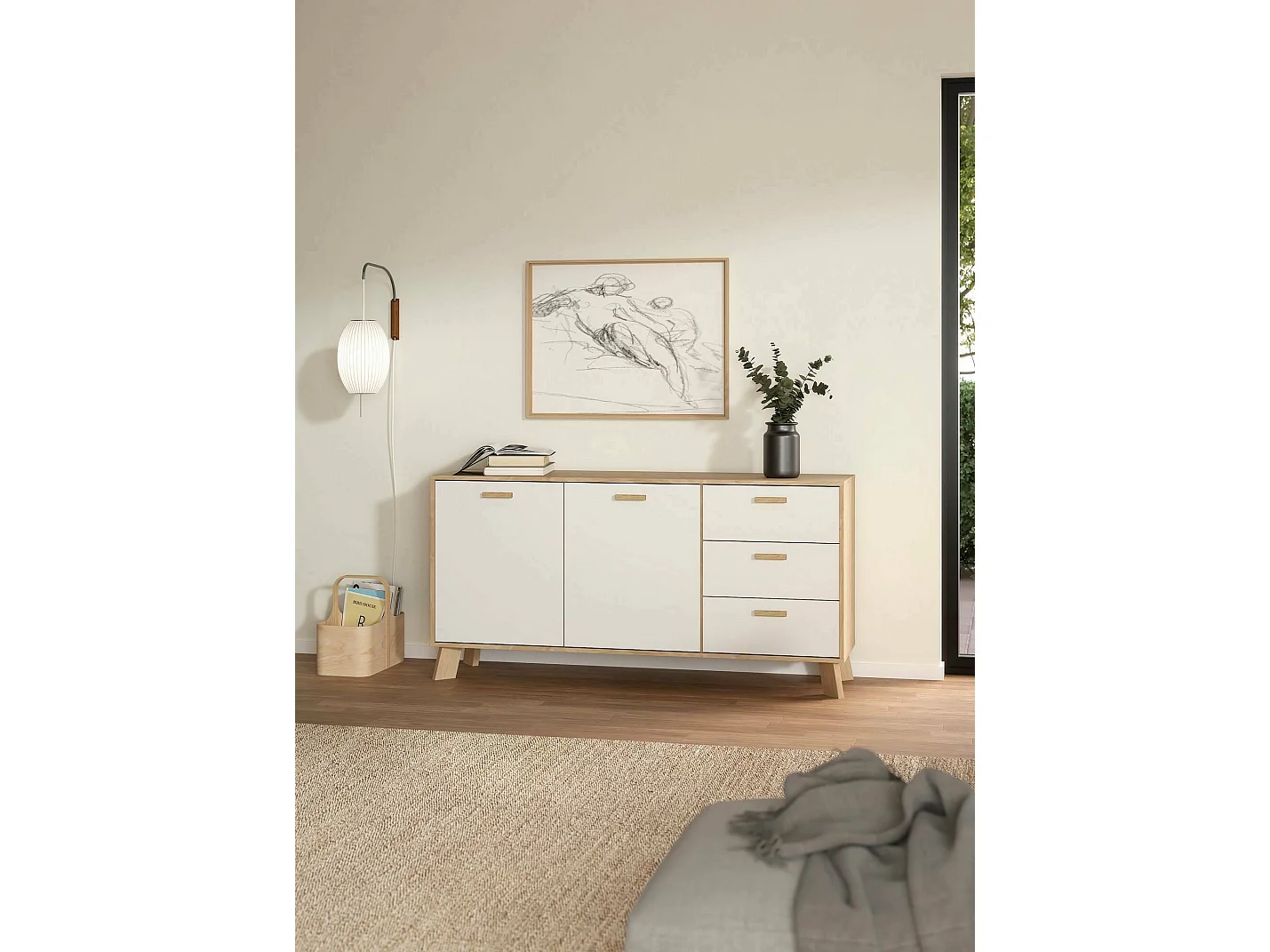 Buffet Dsanc, Buffet du salon, Commode de salon, Garde-manger de cuisine, 147x39 h73 cm, Chêne clair et Blanc