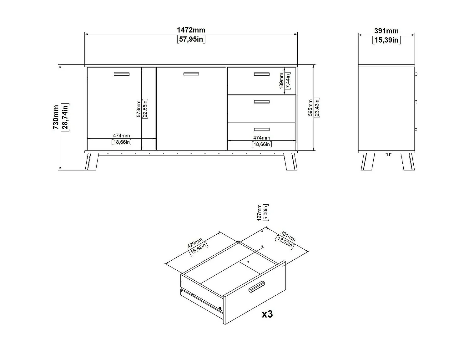 Buffet Dsanc, Buffet du salon, Commode de salon, Garde-manger de cuisine, 147x39 h73 cm, Chêne clair et Blanc
