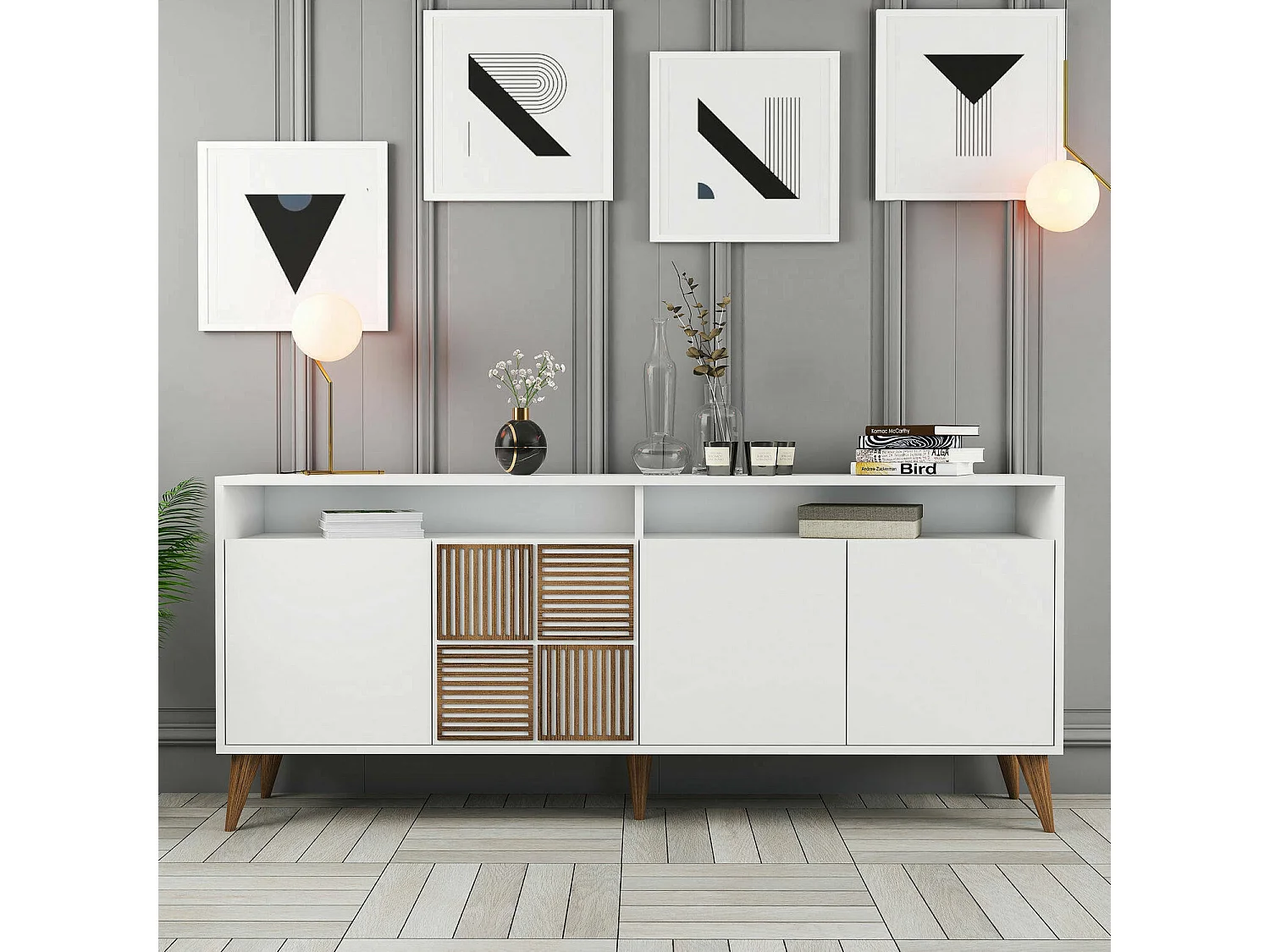 Aparador Dstenmar, Buffet de sala, Aparador de sala, Despensa de cozinha, 180x35 h79 cm, Branco