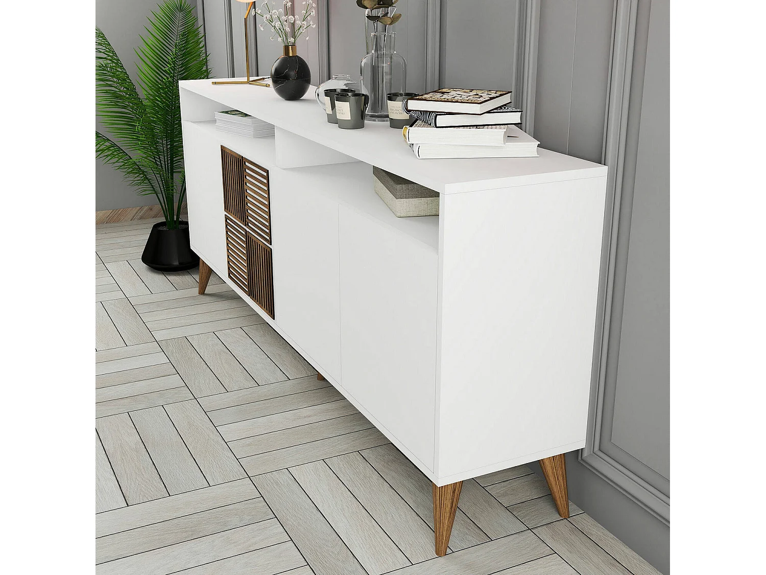 Aparador Dstenmar, Buffet de sala, Aparador de sala, Despensa de cozinha, 180x35 h79 cm, Branco