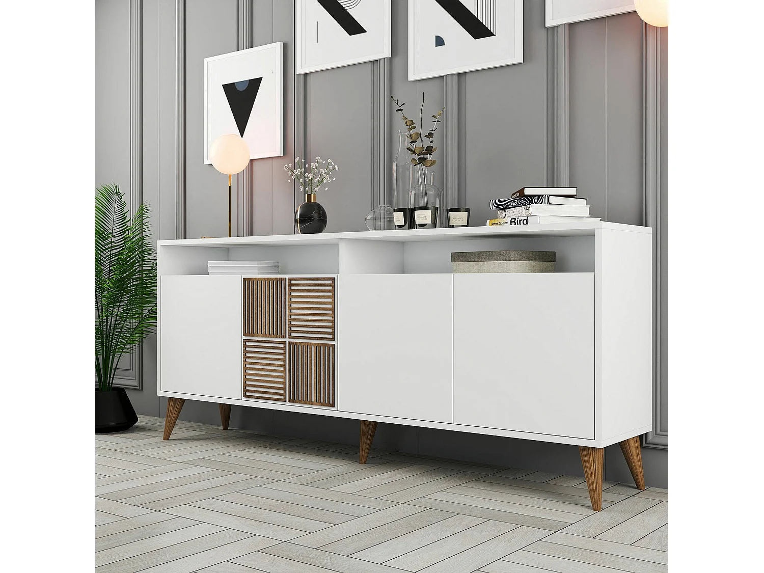 Aparador Dstenmar, Buffet de sala, Aparador de sala, Despensa de cozinha, 180x35 h79 cm, Branco