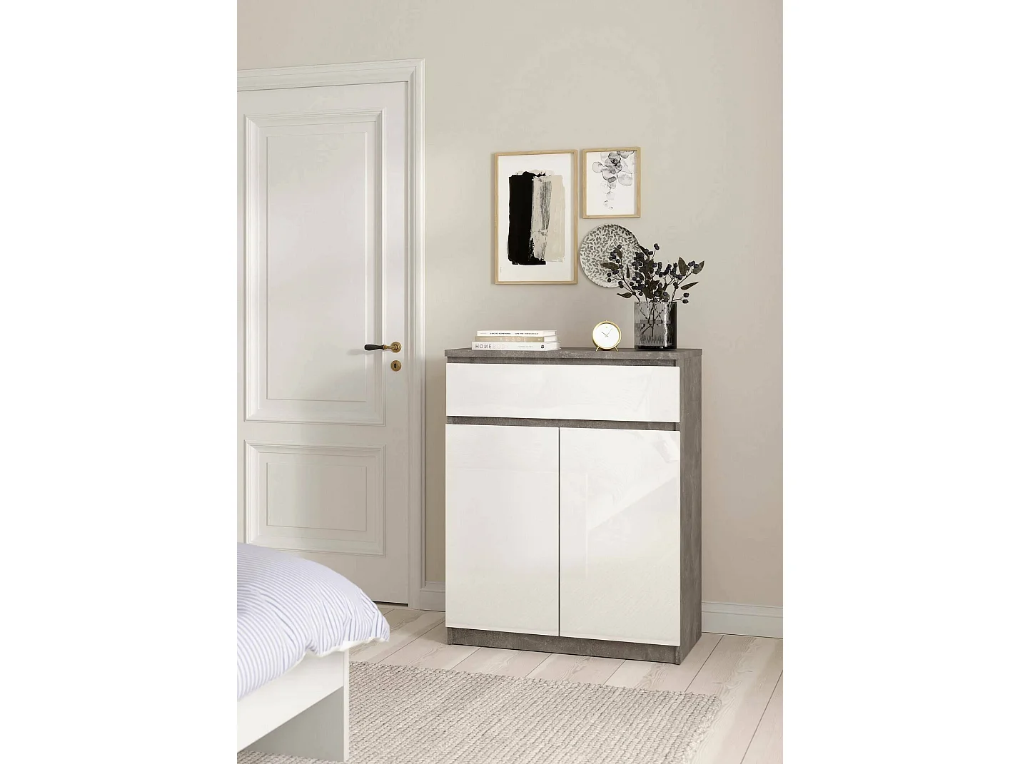 Buffet Dsanturr, Buffet du salon, Commode de salon, Garde-manger de cuisine, 80x40 h100 cm, Ciment et blanc