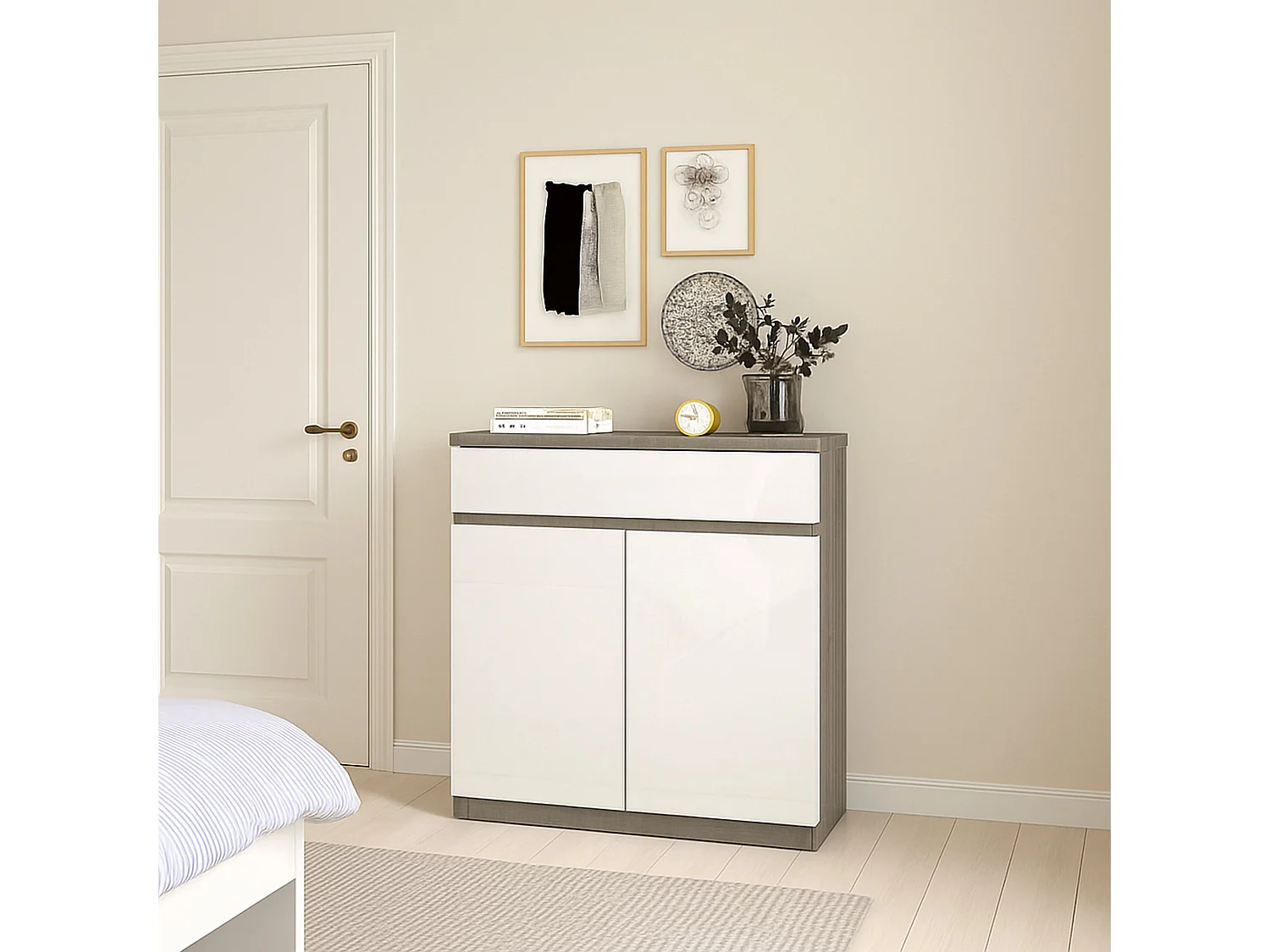 Dsanturr dressoir, Woonkamerbuffet, Woonkamerdressoir, Keukenkast, 80x40 h100 cm, Cement en Wit