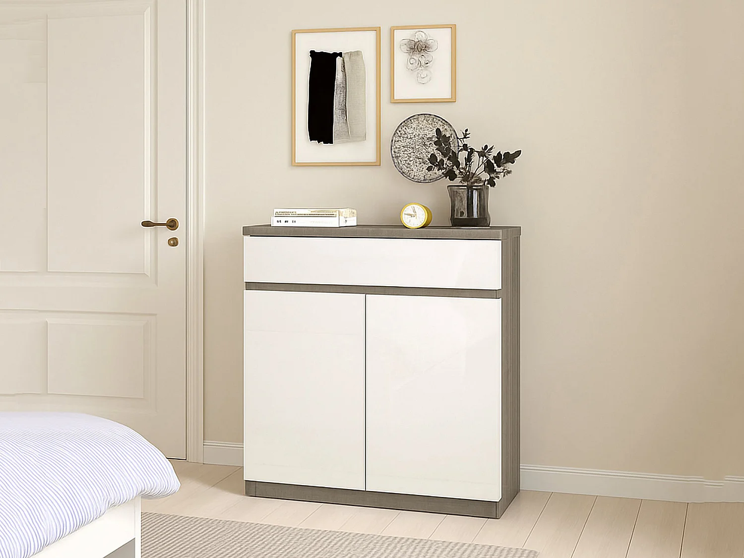 Buffet Dsanturr, Buffet du salon, Commode de salon, Garde-manger de cuisine, 80x40 h100 cm, Ciment et blanc