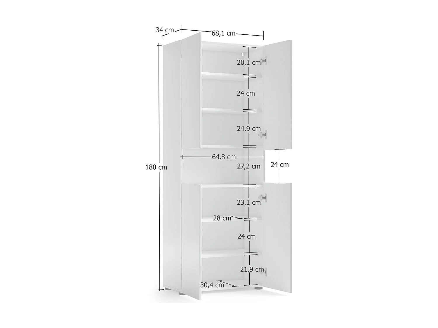 Grande armoire polyvalente Degharevb, Meubles multifonctionnels, Casier à chaussures, Support à chaussures pour armoire, Made in Italy, 68x34h180 cm, Blanc brillant