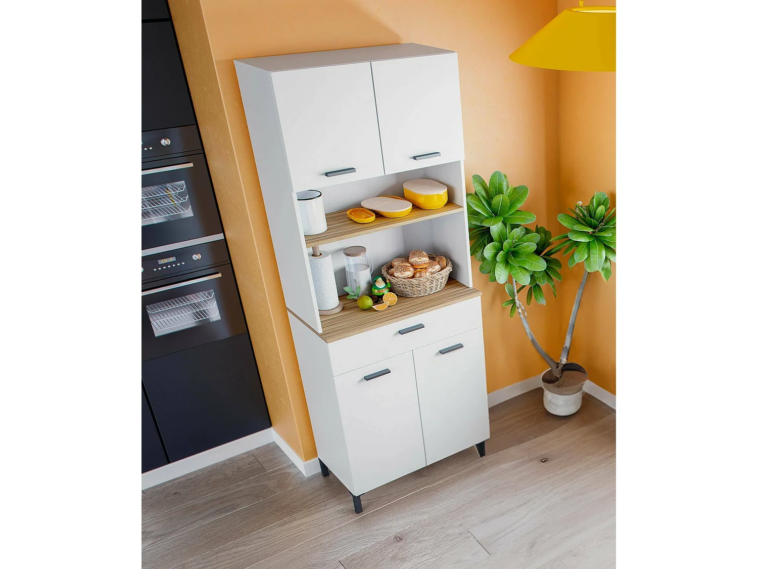 Kommode Dzorte, Wohnzimmerbuffet, Wohnzimmer-Sideboard, Moderne Küchen-Speisekammer, 72x40 h185 cm, Weiß und Eiche