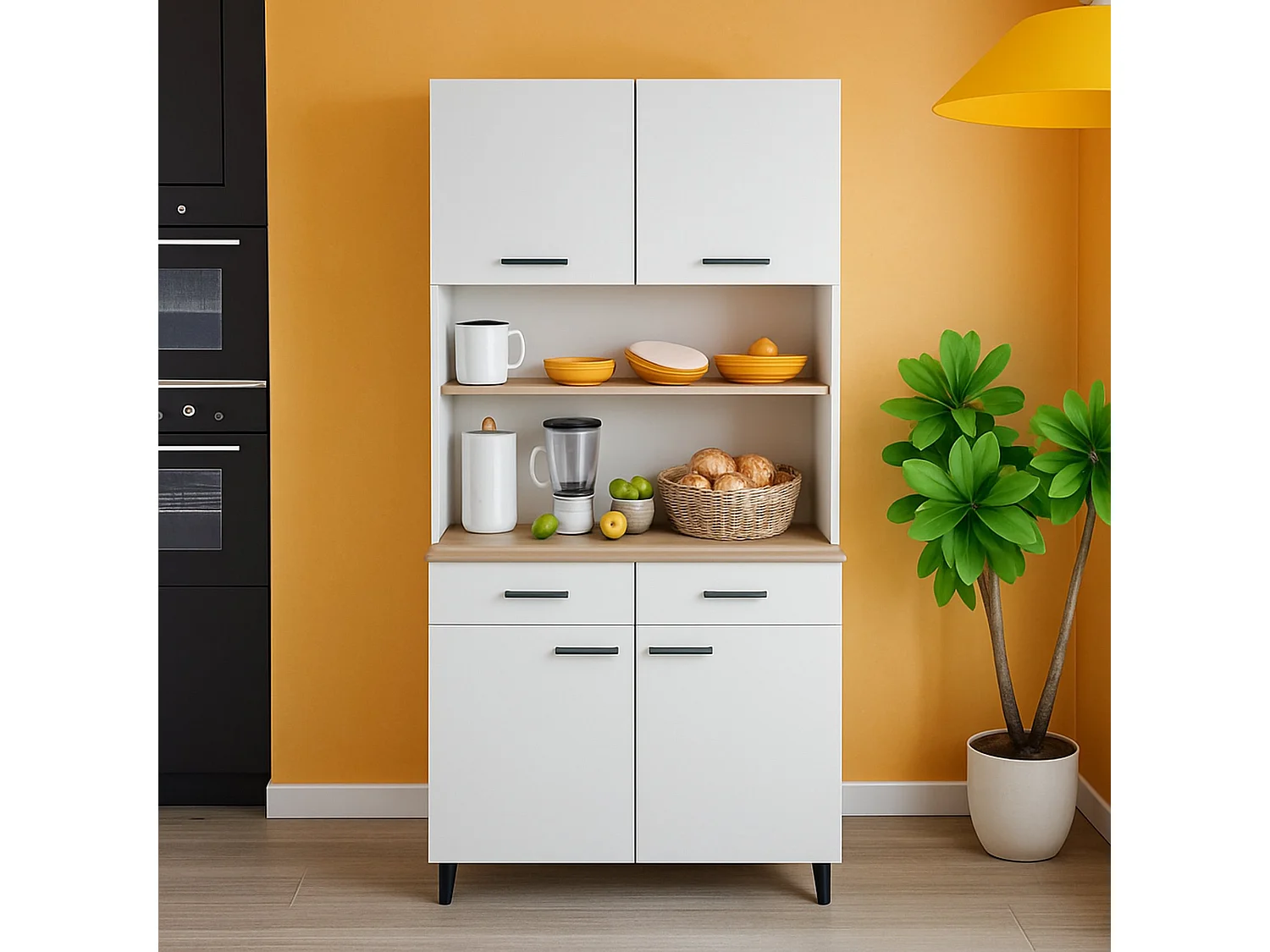 Dzorte dressoir, Woonkamerbuffet, Woonkamerdressoir, Keukenkast, 72x40 h185 cm, Wit en Eiken