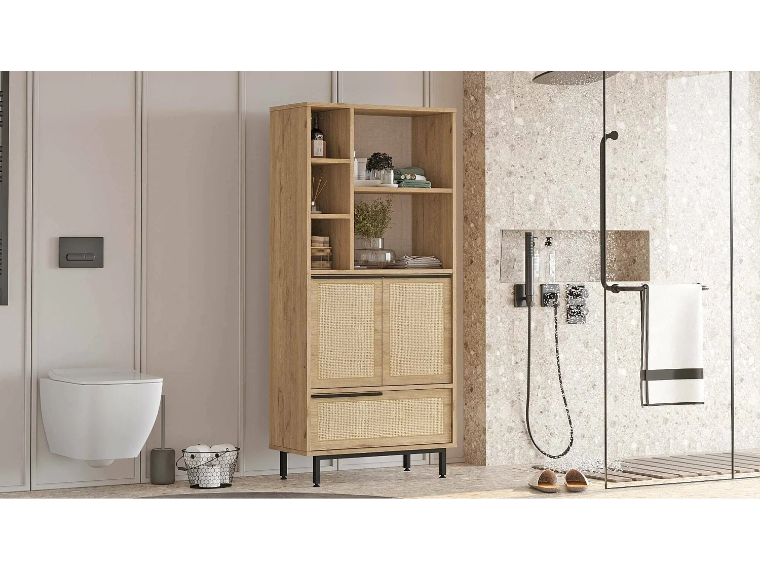 Buffet Dantonazz, Buffet du salon, Commode de salon, Garde-manger de cuisine, 75x36 h162 cm, Noyer et Chêne