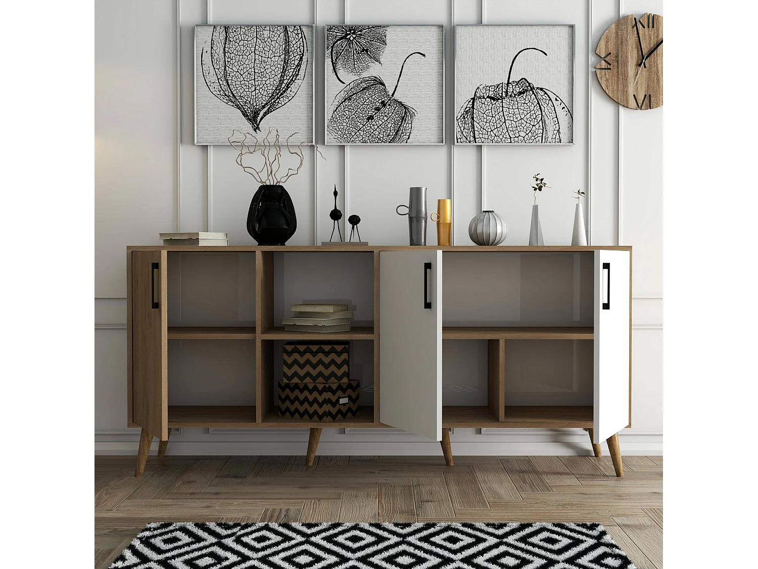 Buffet Dbrignon, Buffet du salon, Commode de salon, Garde-manger de cuisine, 180x45 h80 cm, Chêne et Blanc