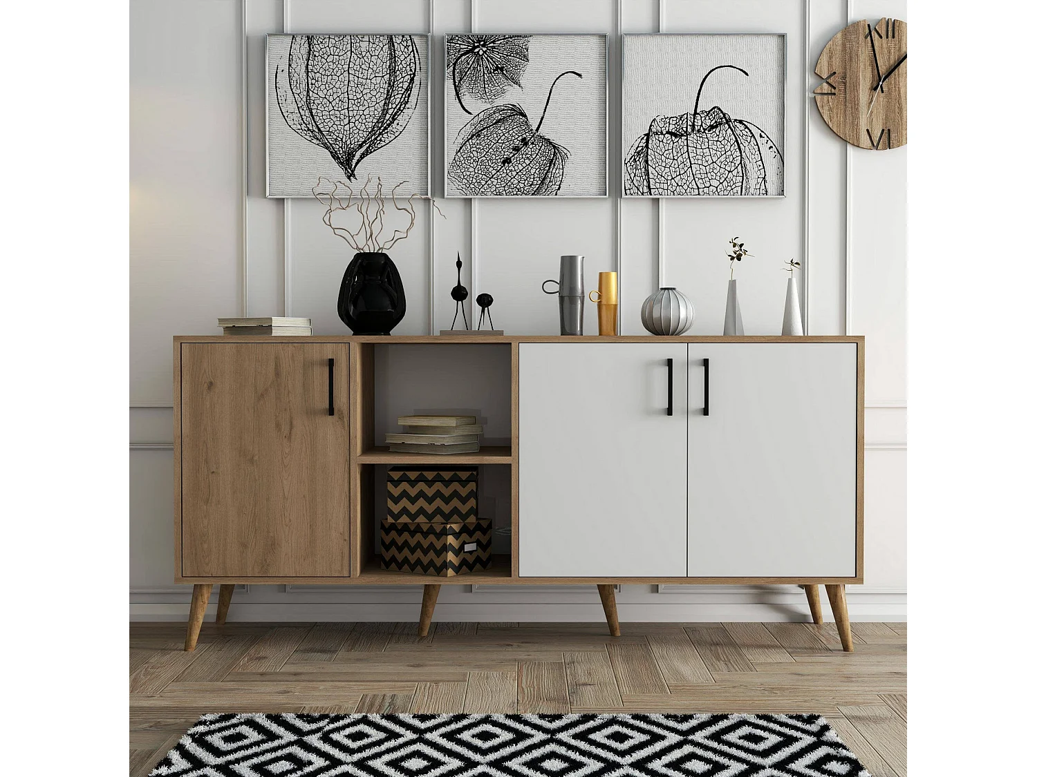 Buffet Dbrignon, Buffet du salon, Commode de salon, Garde-manger de cuisine, 180x45 h80 cm, Chêne et Blanc
