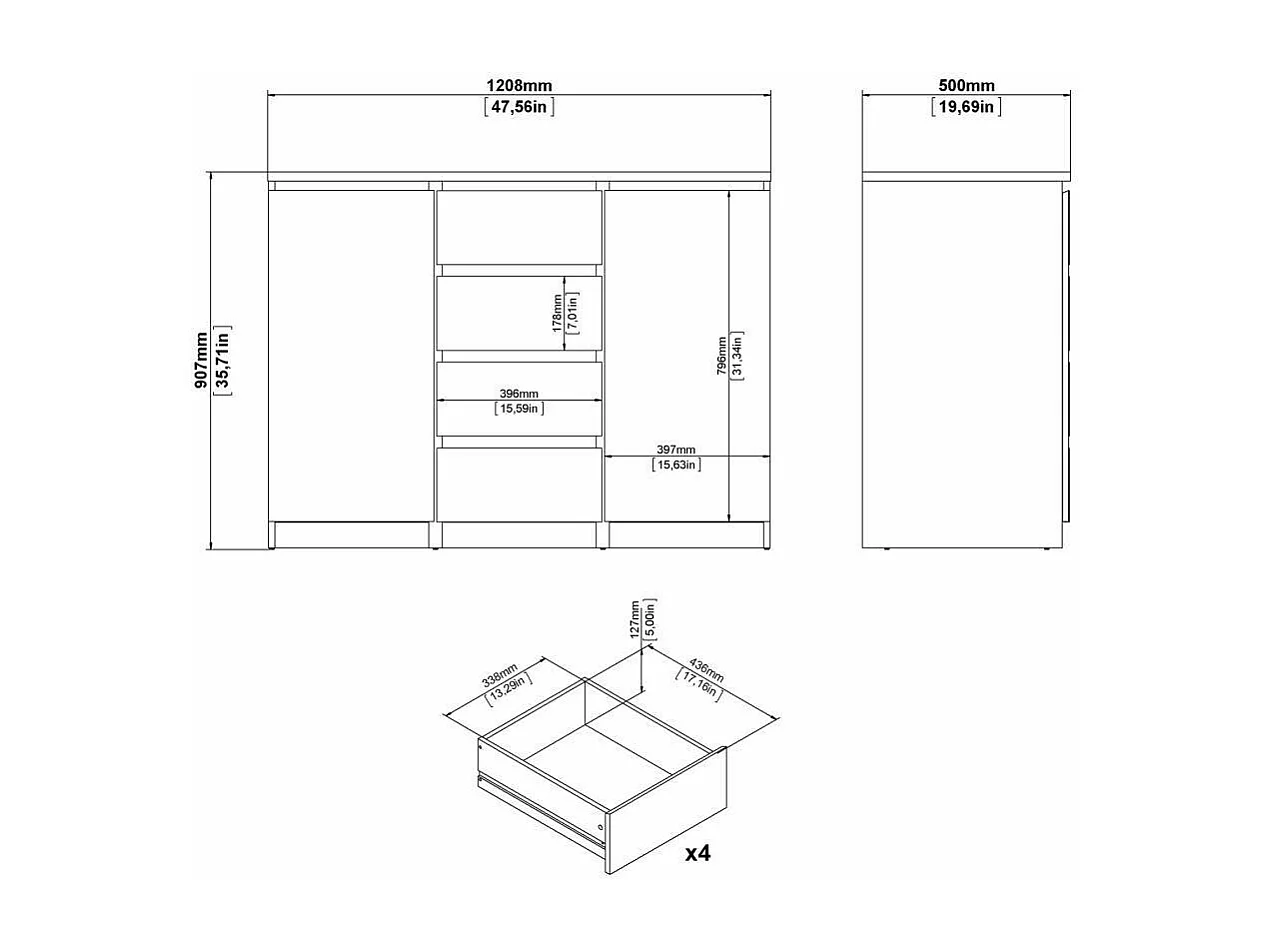Kommode Dsalmas, Wohnzimmerbuffet, Wohnzimmer-Sideboard, Moderne Küchen-Speisekammer, 121x50 h91 cm, Weiß
