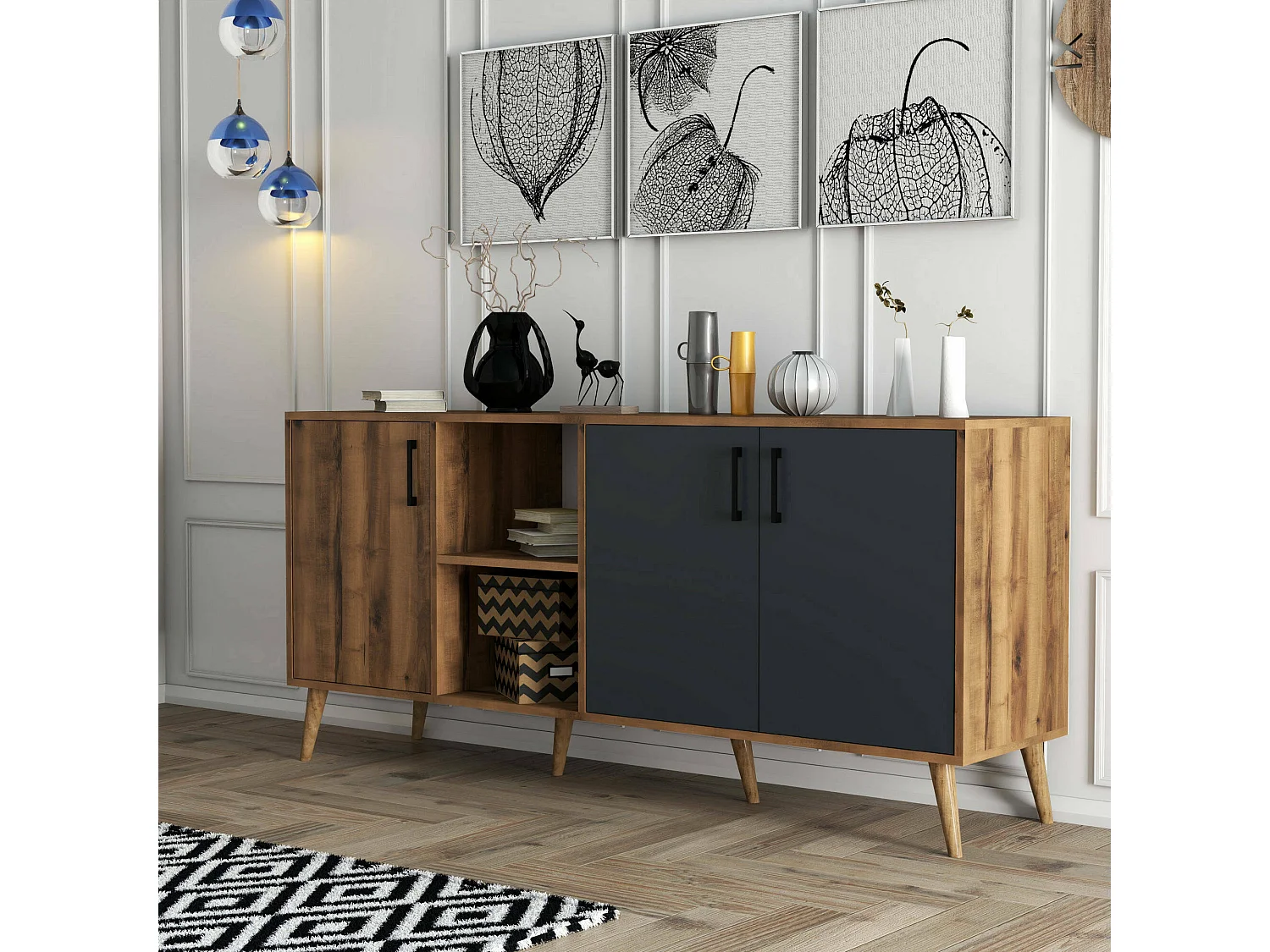 Aparador Dbrignon, Buffet de sala, Aparador de sala, Despensa de cozinha, 180x45 h80 cm, Nogueira e Antracite