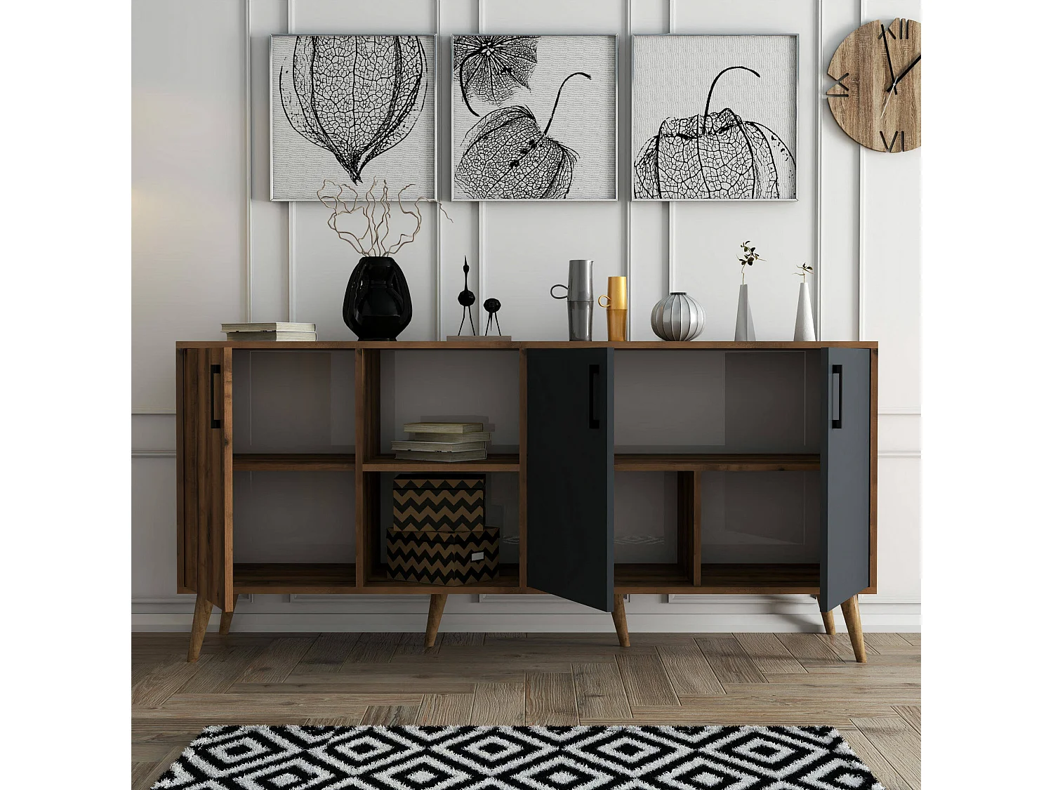 Aparador Dbrignon, Buffet de sala, Aparador de sala, Despensa de cozinha, 180x45 h80 cm, Nogueira e Antracite