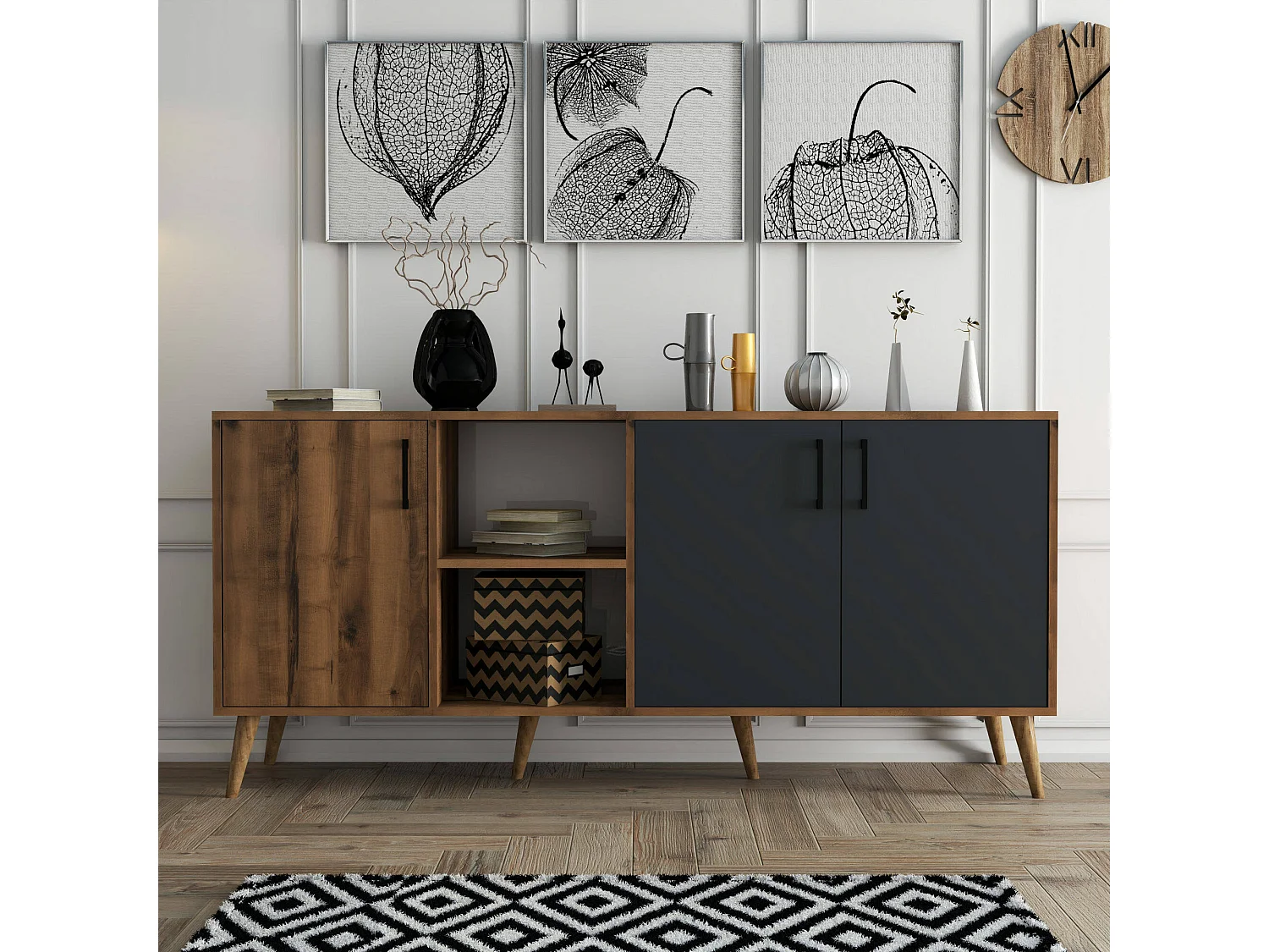 Aparador Dbrignon, Buffet de sala, Aparador de sala, Despensa de cozinha, 180x45 h80 cm, Nogueira e Antracite