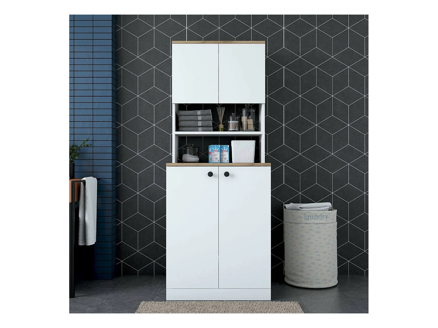 Grande armoire polyvalente Dmaifred, Meubles multifonctionnels, Casier à chaussures, Support à chaussures pour armoire, 70x73h184 cm, Blanc et Noyer