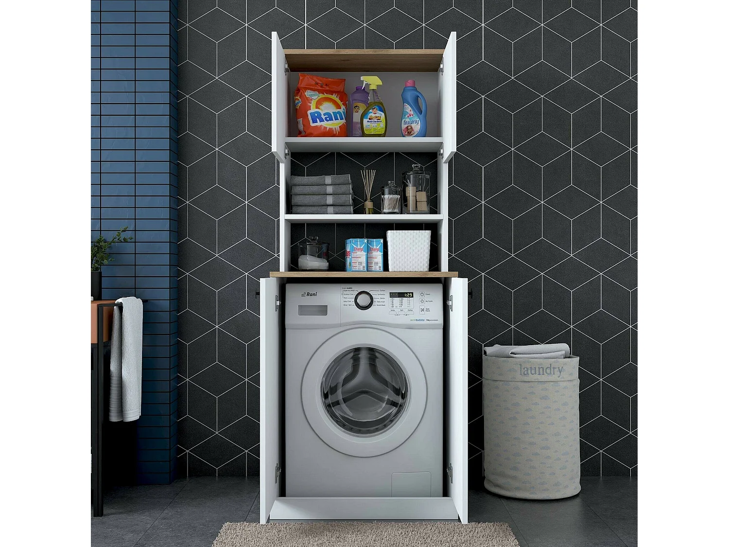 Grande armoire polyvalente Dmaifred, Meubles multifonctionnels, Casier à chaussures, Support à chaussures pour armoire, 70x73h184 cm, Blanc et Noyer